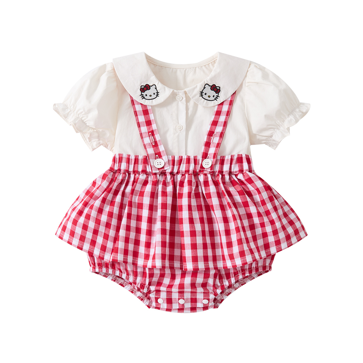 Baby Doll Collar Cartoon Embroidered Cat Short Sleeve Infant Plaid Overall Romper Two-Piece Set — image 2