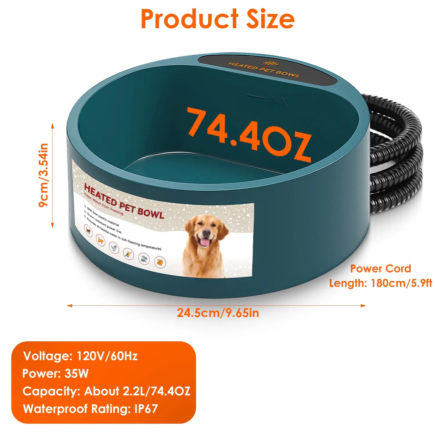 Heated Water Bowl for Dog Cat 74.4OZ Heating Water Dish IP67 Waterproof Thermal Water Bowl Heated Pet Bowl Dog Cat Water Feeder Bowl for Dog Cat Rabbit Pet — image 4