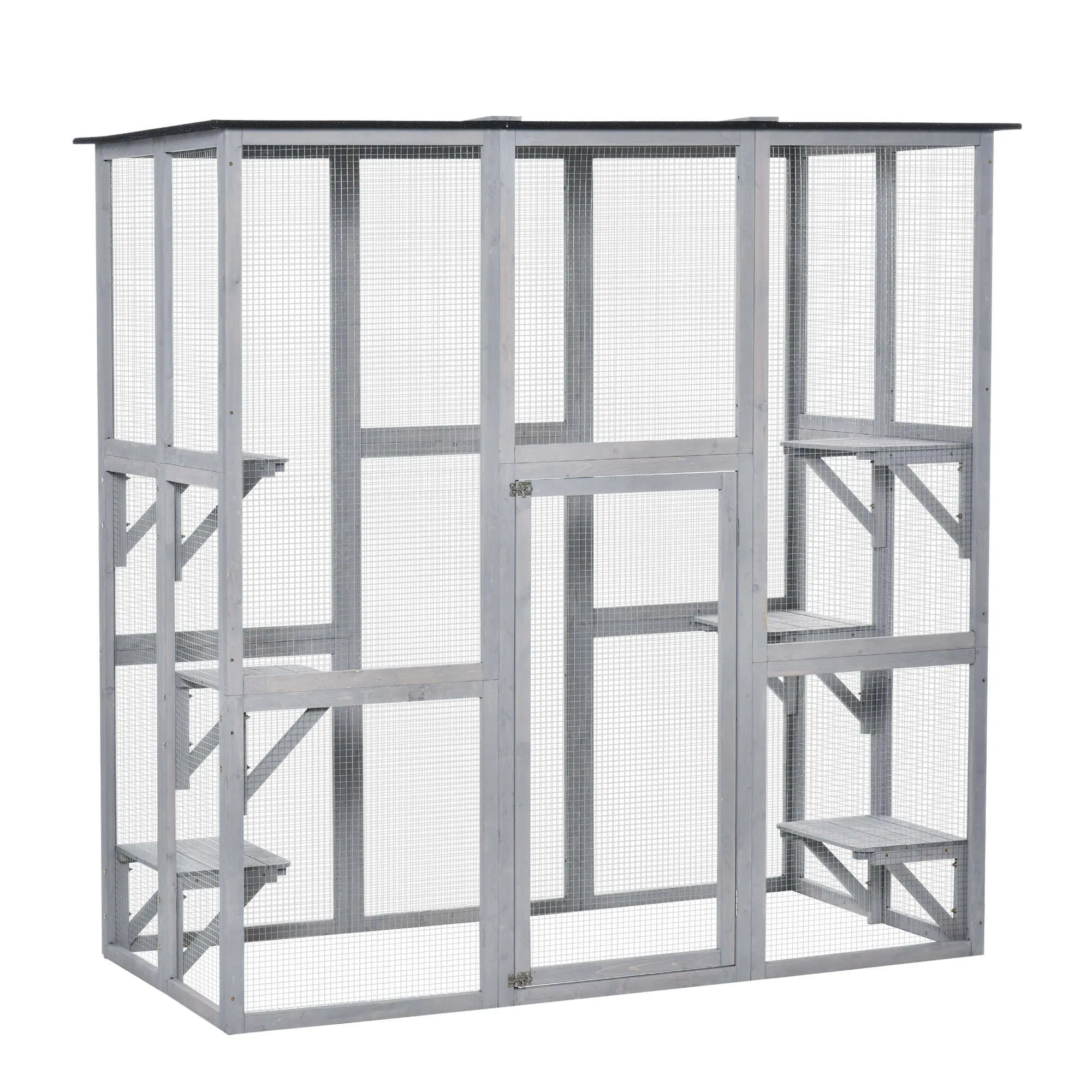 Large Outdoor Catio Enclosure, Weatherproof Cat House with Asphalt Roof, Wooden Cat Patio Cage with 6 Balanced Platforms, 71" x 39" x 71", Grey — image 1