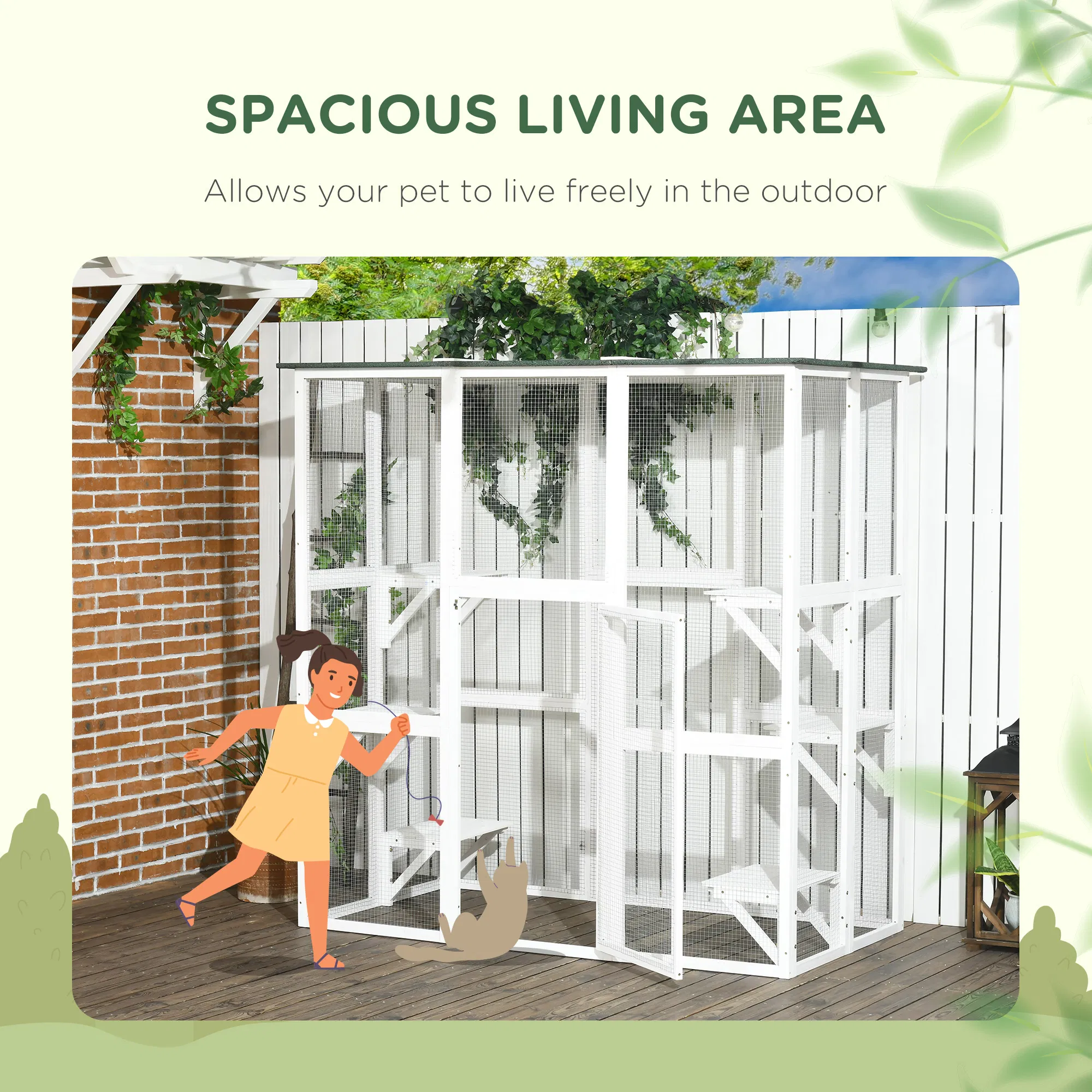 Large Outdoor Catio Enclosure, Wooden Cat Patio with 6 Balanced Platforms and Asphalt Roof, 70.9" x 38.6" x 70.9", White — image 2