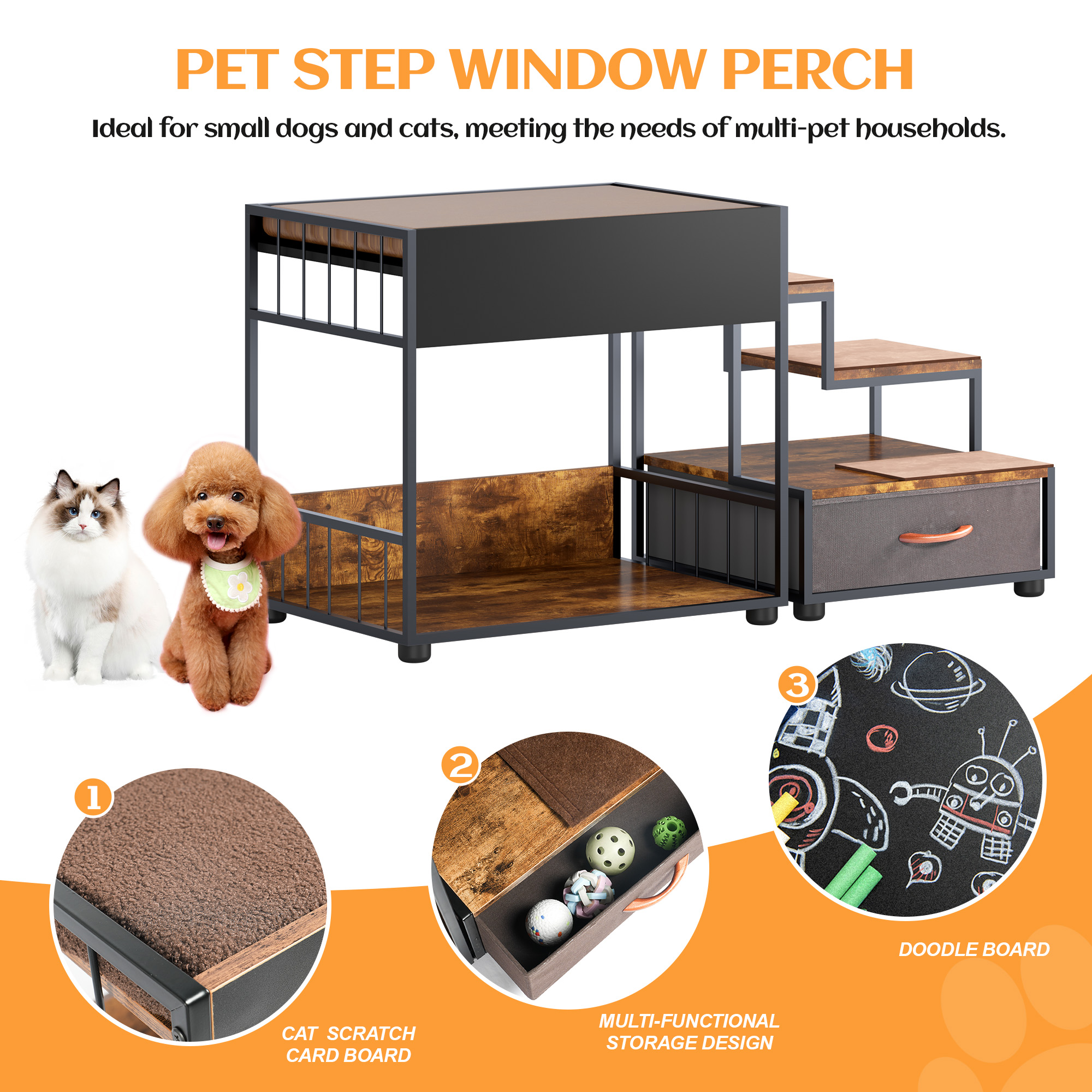 Percha de Ventana para Perros con Escaleras, Cama Elevada Multi-Niveles con Esponja y Almacenamiento, Diseño Vintage — imagen 4