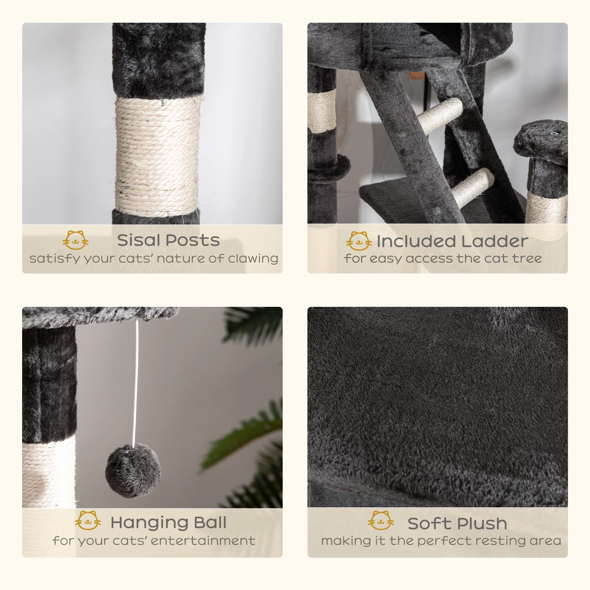 94"-102" Floor to Ceiling Cat Tree High Cat Condo Scratching Post Activity Center Multi-Level Play House Dark Grey — image 2