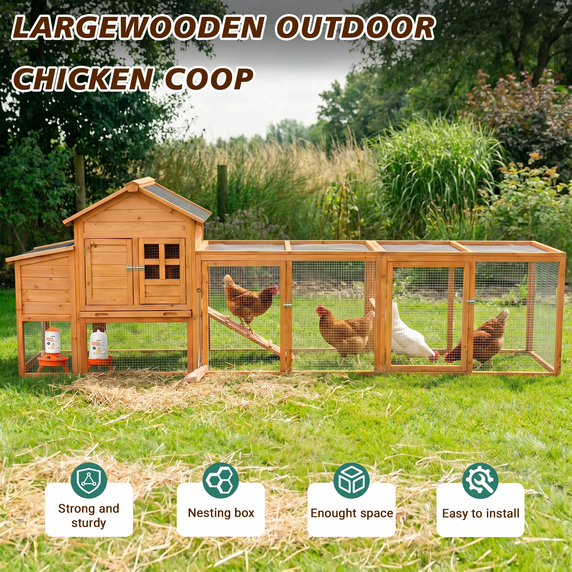 Large Chicken Coop With Run And Nest Box And Removable Tray, Hen House For 4-6 Chickens, Outdoor Weatherproof Small Animal Cages — imagen 5