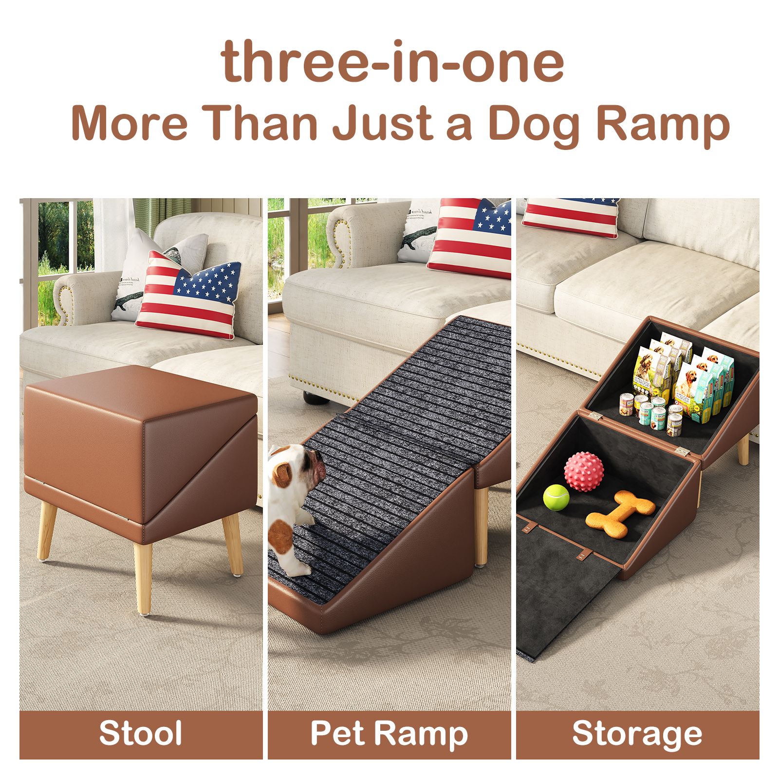 3-in-1 Dog Ramp 18.89"×17.91"×20.08" with Storage – Pet Stairs for Senior & Injured Dogs & Cats, Hidden Storage Footstool, Ottoman Anti-Slip, Supports 265 lbs for Beds & Sofas (BROWN Color) — image 6