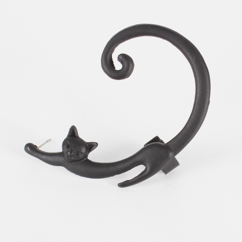 Single Piece Punk Style Cat Post Earring with Ear Cuff Rock Animal Black Stud Earring — image 6