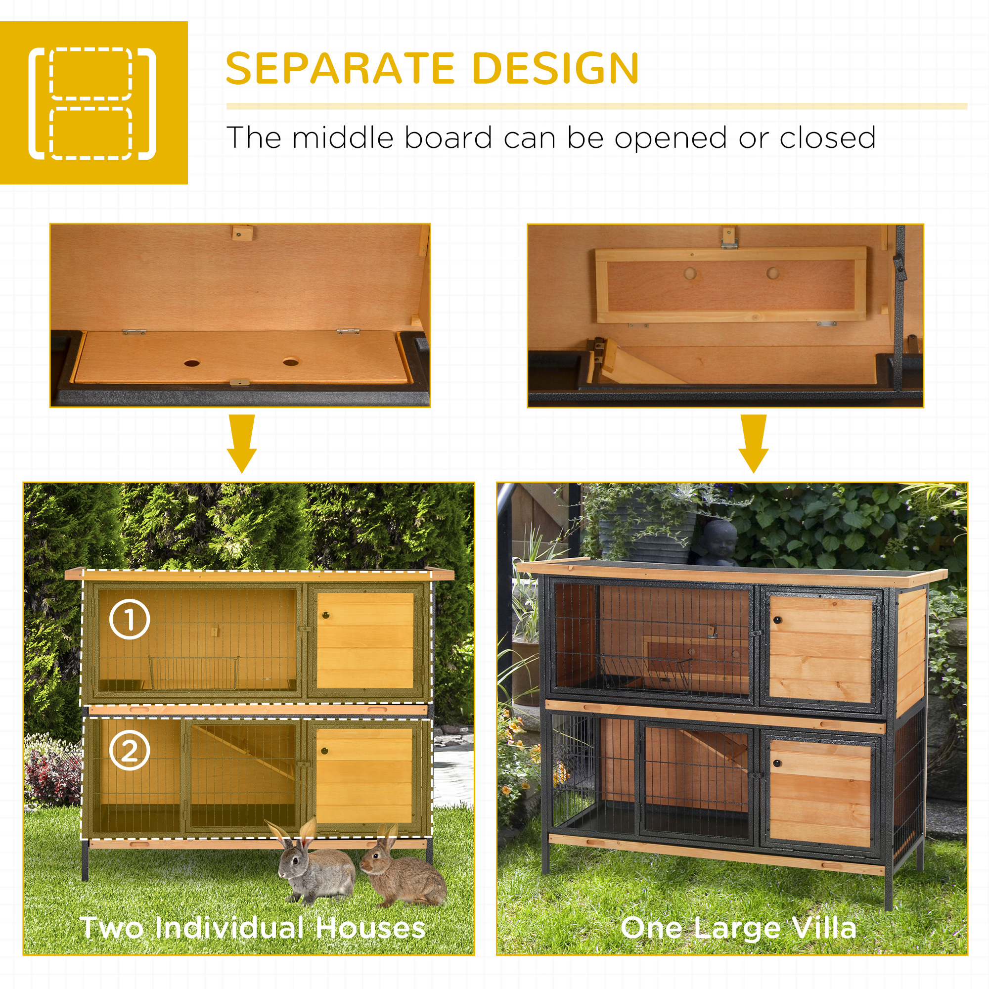 Conejera Grande de 2 Pisos de 48", Jaula de Madera con Estructura Metálica, Habitaciones, Rampa, Bandeja Antifugas, Comedero y Techo de Asfalto Impermeable para Conejos, Gallinas, Patos, Interior/Exterior — imagen 7