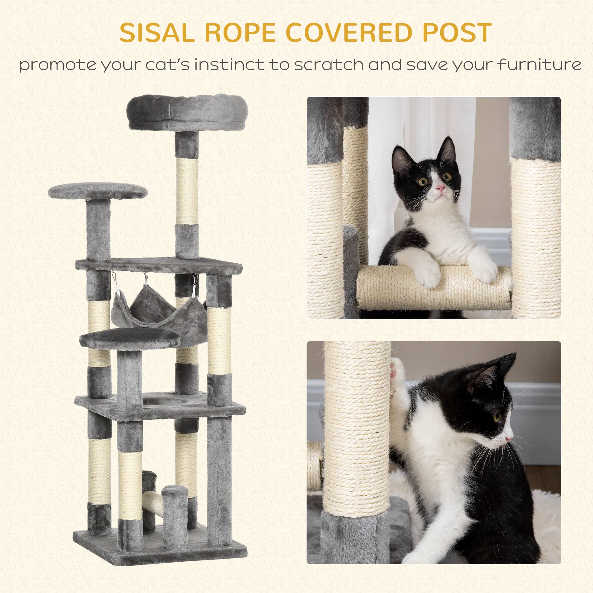 52" Multi-Level Cat Tree Tower, Kitten Scratcher Activity Center Play House with Hammock - Grey — image 5
