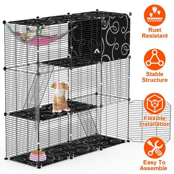 Jaula/Corral para Gatos de 3 Niveles para Interior con Hamaca, Pelota de Juguete y Escalera, Casa de Alambre de Hierro para Armar Tipo DIY para 1-2 Gatos, Hurones, Conejos y Otros Animales Pequeños — imagen 1