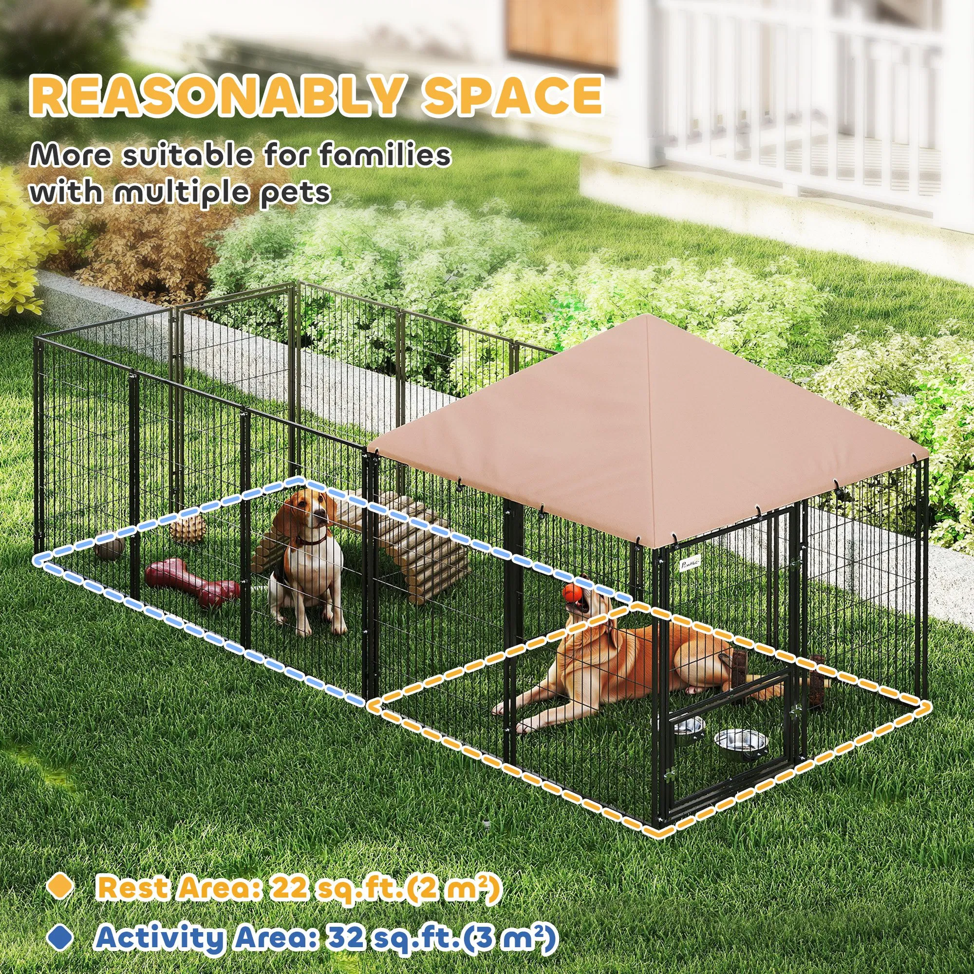 Outdoor Dog Kennel with Rotating and Adjustable Height Bowls, Waterproof UV-Resistant Cover, 11.3' x 4.7' x 5.1' — image 5