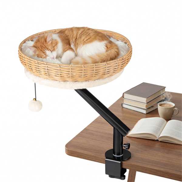 Cama-Percha de Escritorio para Gatos Giratoria 360°, Refugio 2 en 1 para Espacio de Trabajo con Pelota de Cascabel, Natural Negro Blanco — imagen 1