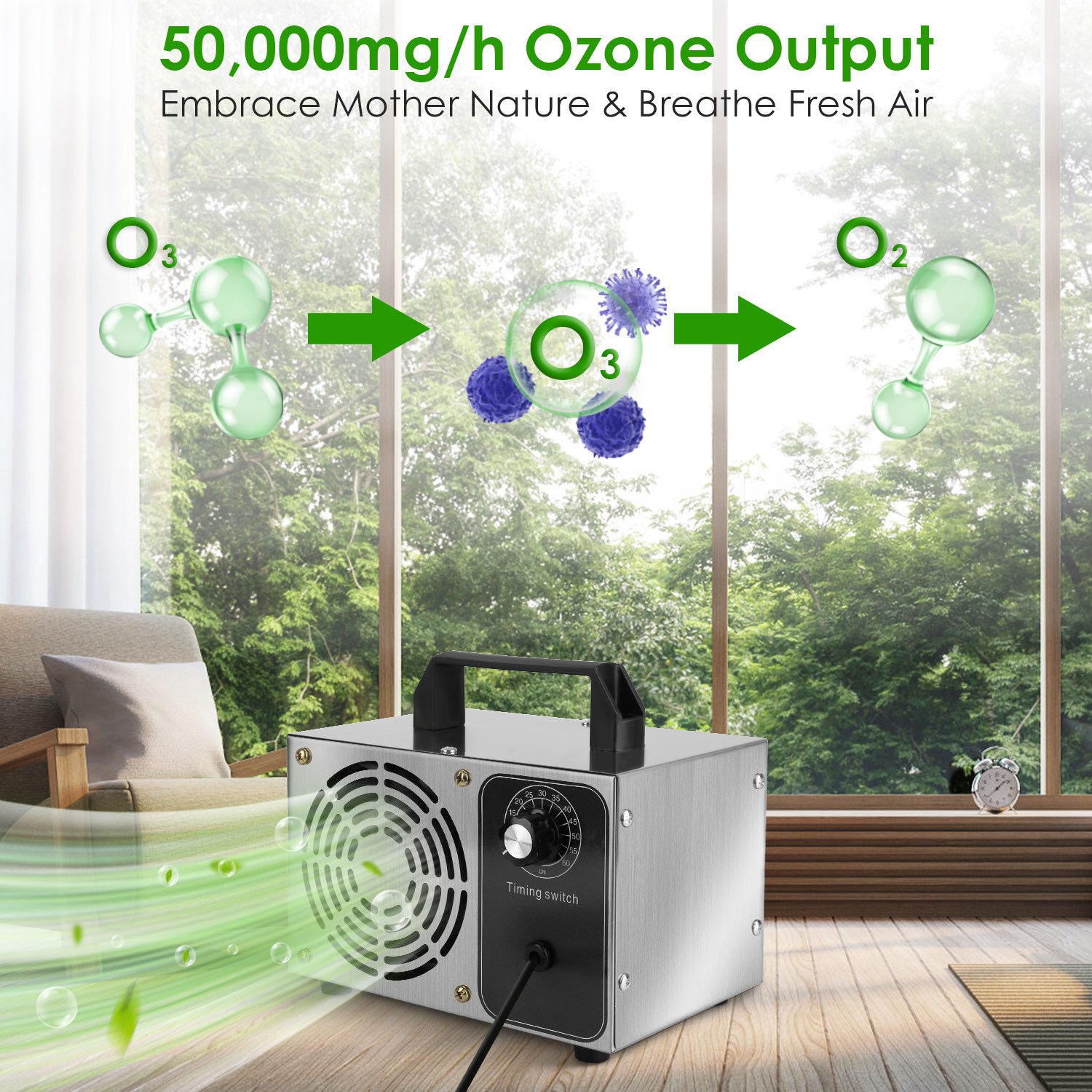 Generador de ozono 110W 50000mg/h con temporizador de 60 minutos para eliminar olores y ionizar aire hasta 3229 pies cuadrados — imagen 4
