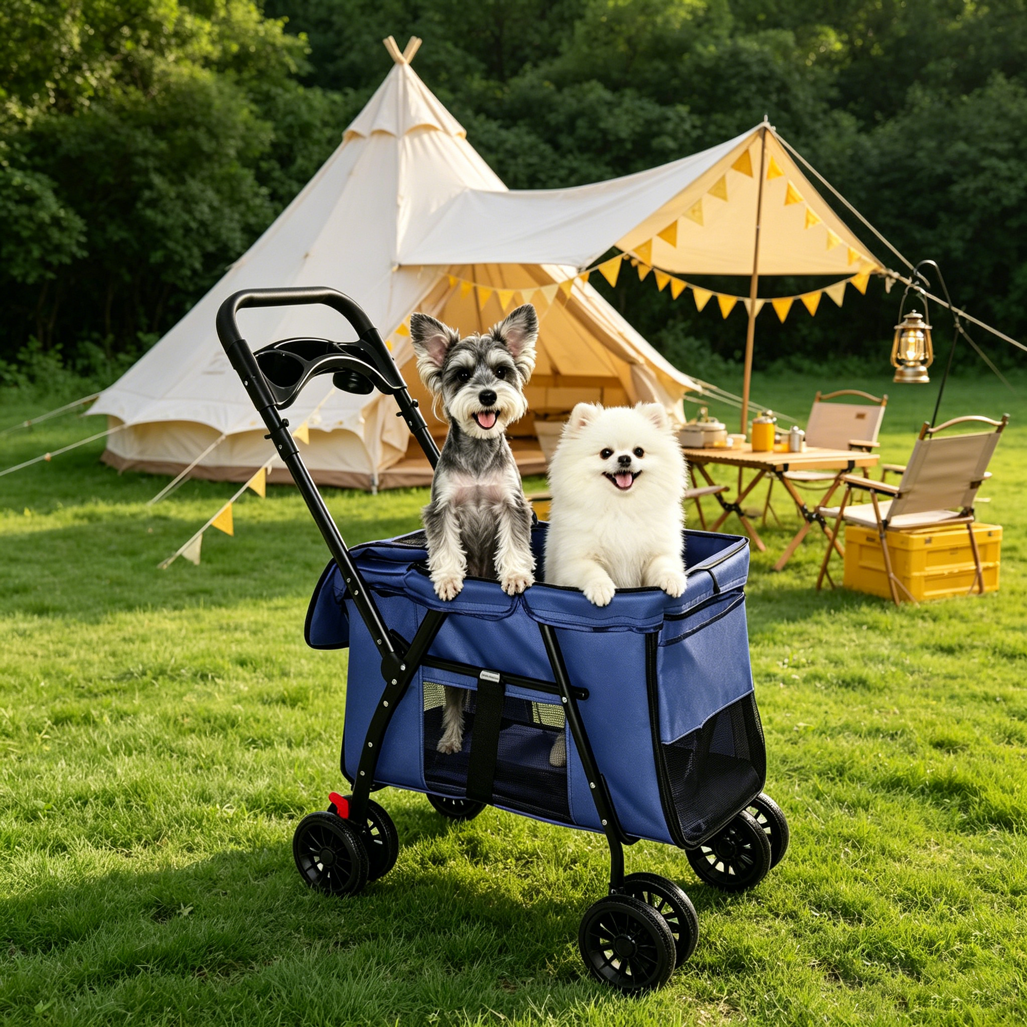 Pet Stroller, Foldable 4-Wheel Design, Breathable Mesh Dog Cat Stroller with Shockproof Wheels, Brake System, Storage Tray, 2 Fixed Safety Leashes, Large Space for Small Medium Pets, Navy Blue — image 15