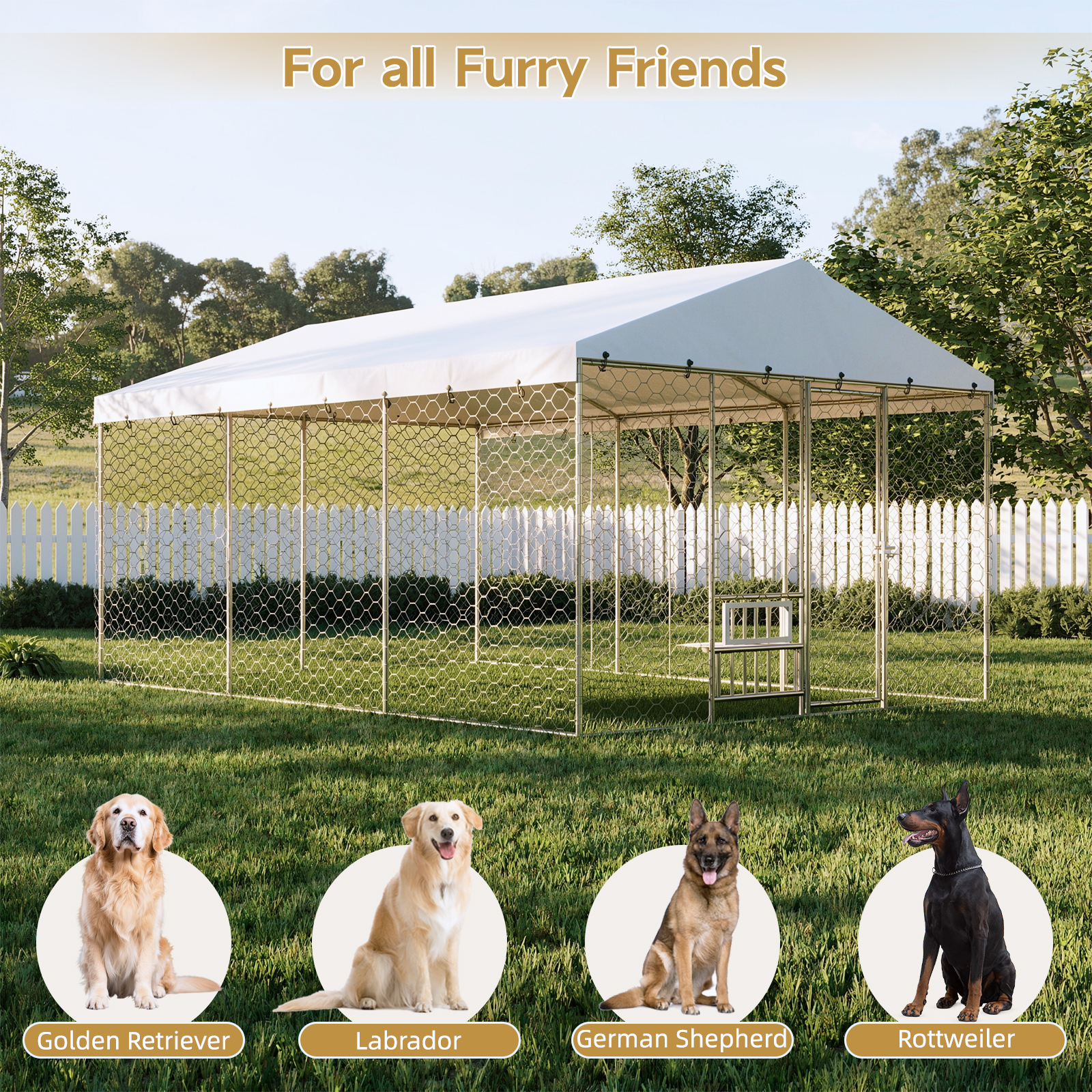 Casa de Perro Al Aire Libre Grande con Techo, Estructura de Acero Galvanizado Resistente, Cubierta Impermeable, Comodines de Alimentación Elevados Integrados, Jaula Segura para Perros Grandes y Animales Múltiples — imagen 3