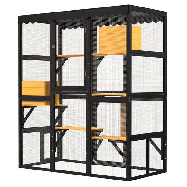 Catio para Gatos al Aire Libre: Encierro Exterior Grande de Madera con Conexión de Ventana para Varios Gatos, Casa para Gatos con Acceso Peatonal, 2 Condominios, 5 Plataformas, 4 Puertas y Cubierta Resistente al Tiempo — imagen 2