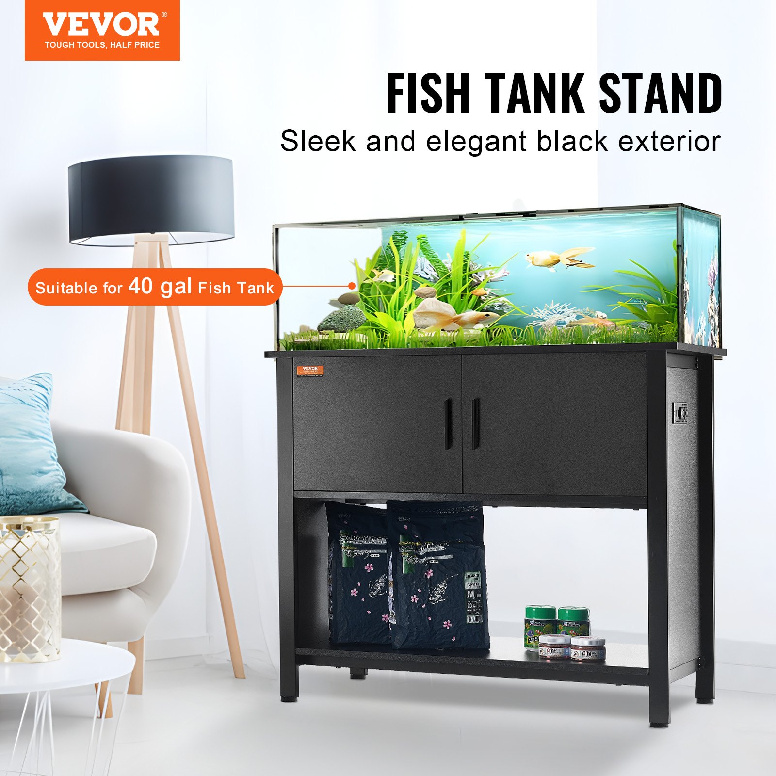Aquarium Stand, 40 Gallon Fish Tank Stand, 36.6 X 18.9 X 31.5 In Steel And MDF Turtle Tank Stand, 335 Lbs Load Capacity, Reptile Tank Stand With Storage Cabinet And Embedded Power Panel, Black — imagen 3