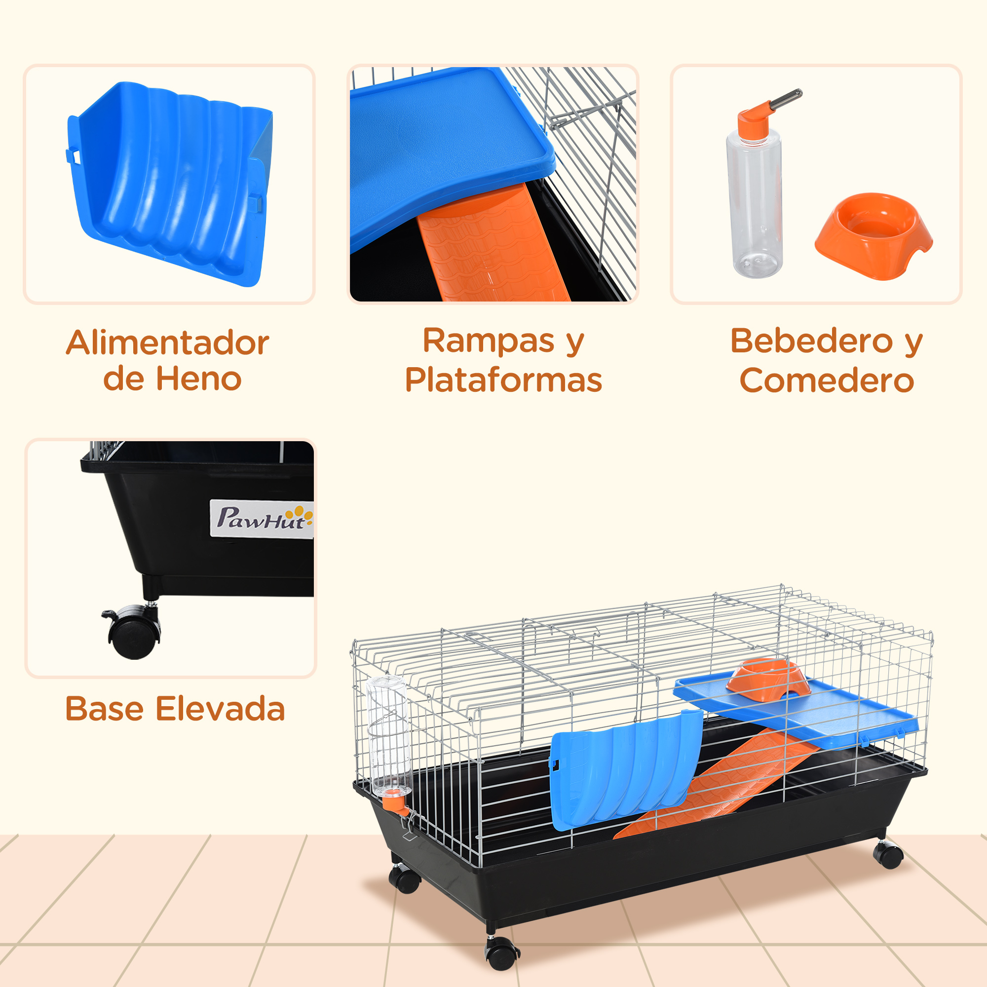 Jaula Grande para Animales Pequeños con Plato de Comida, Botella de Agua, Comedero de Heno, Plataforma y Rampa para Chinchilla, Negro — imagen 5