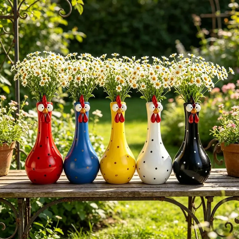 Hand-Painted Rooster Vase Sculpture | Long Neck Cartoon Rooster Decor with Colorful Polka Dots | Waterproof Resin Home Accent — image 11