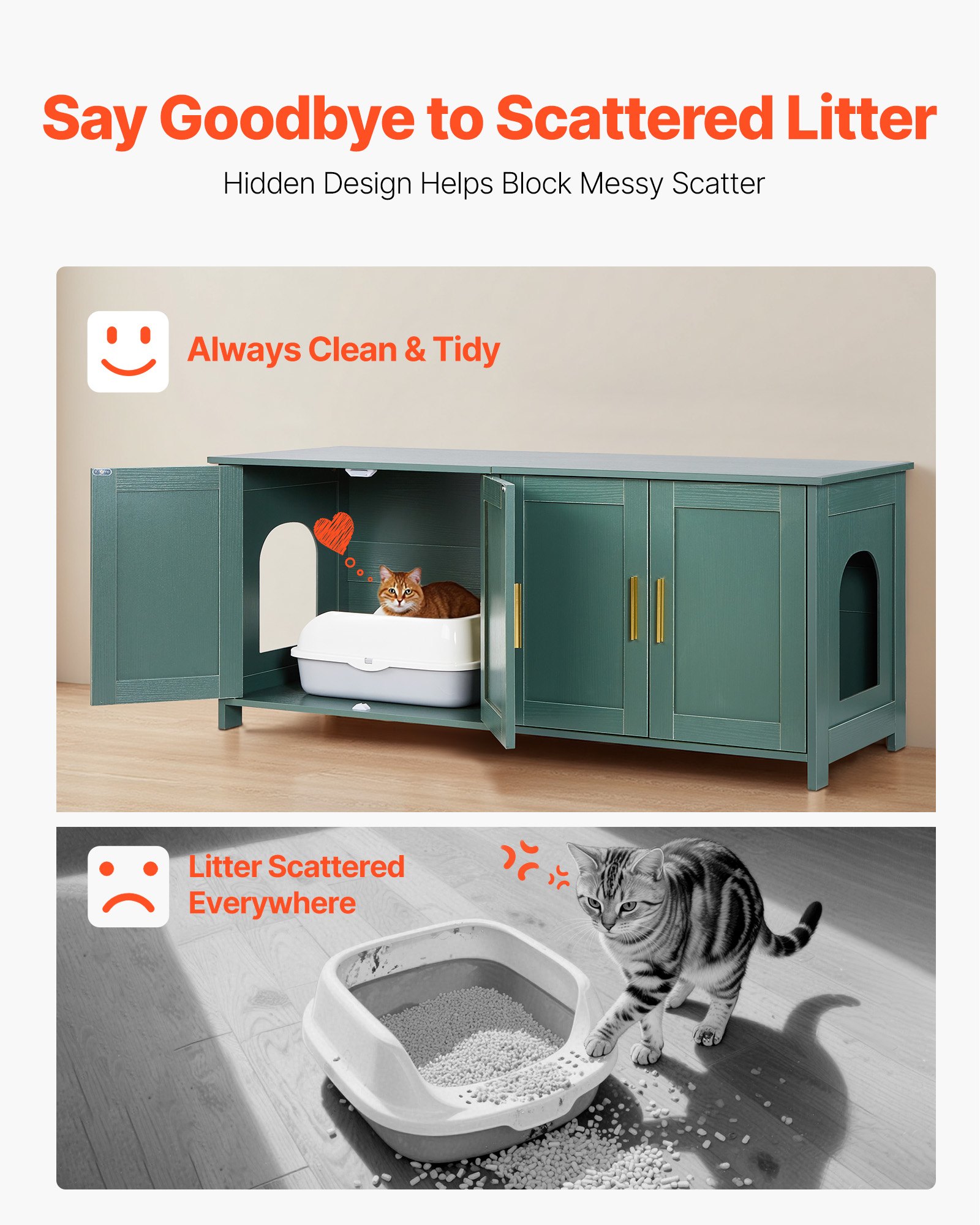 Cat Litter Box Enclosure For Multi Cats, 47.2 In Hidden Litter Box Cabinet With 4 Doors & 2 Entries, Indoor Cat Washroom, Wooden Kitty House Furniture Side Table, Fit Most Litterboxes, Green — image 3