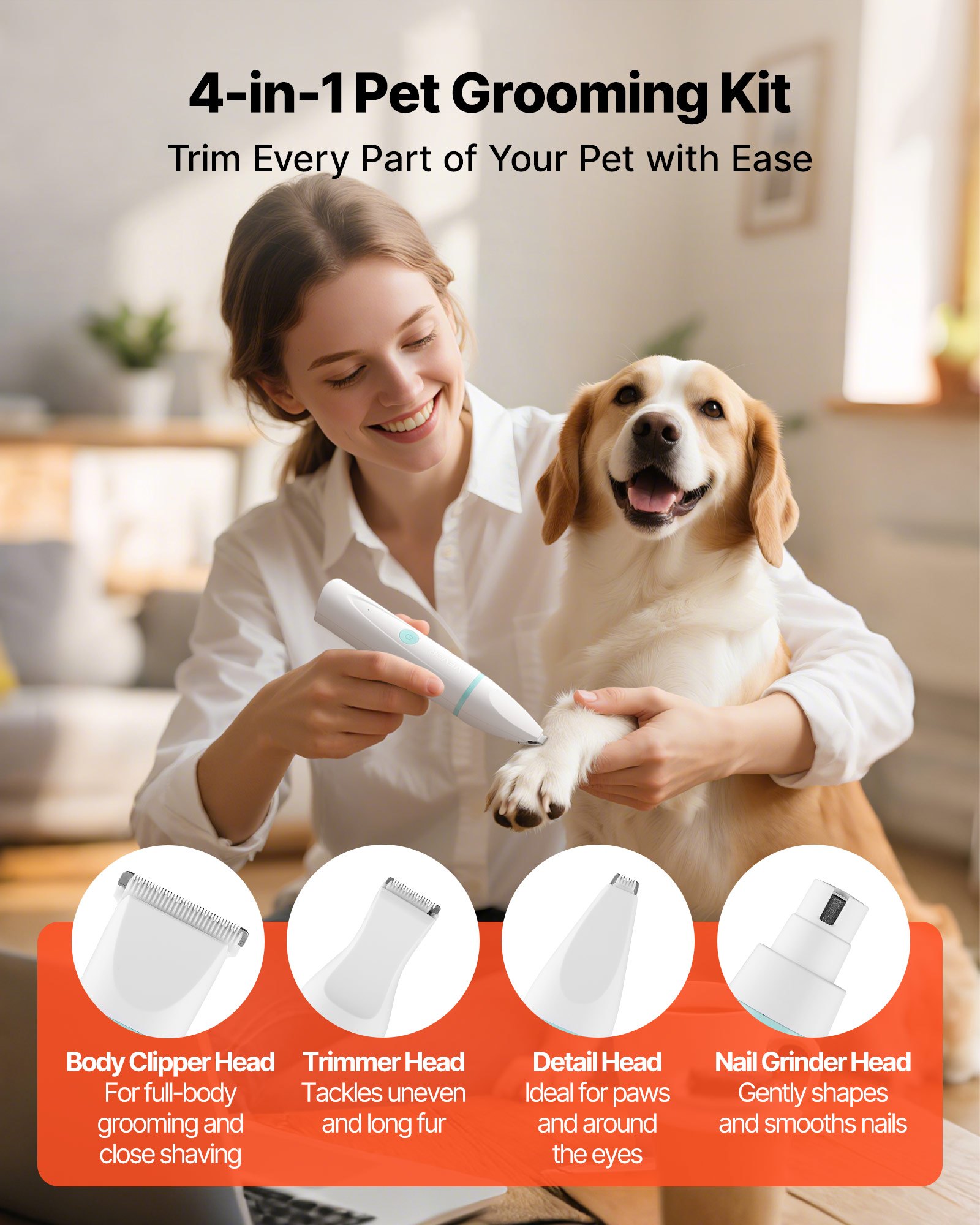 Triturador de Pelo para Perros 4 en 1: Kit de Cuidado Canino con 6 Combs y 4 Láminas Interchangeables, Silencioso, Recargable y Antiarrugas para Pelaje de Mascotas — imagen 4