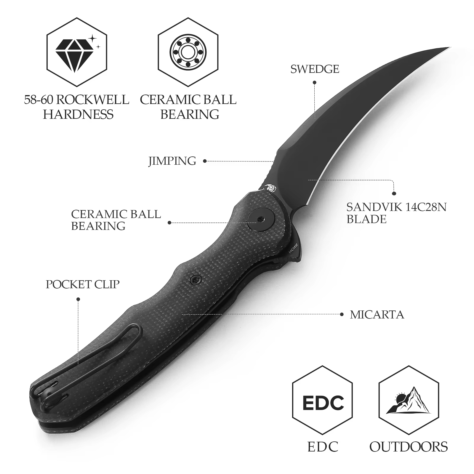 TRIVISA Lacerta-04B EDC Pocket Folding Knife 14C28N Blade Micarta Handle, Camping Hunting Fishing Outdoor Tools — image 2