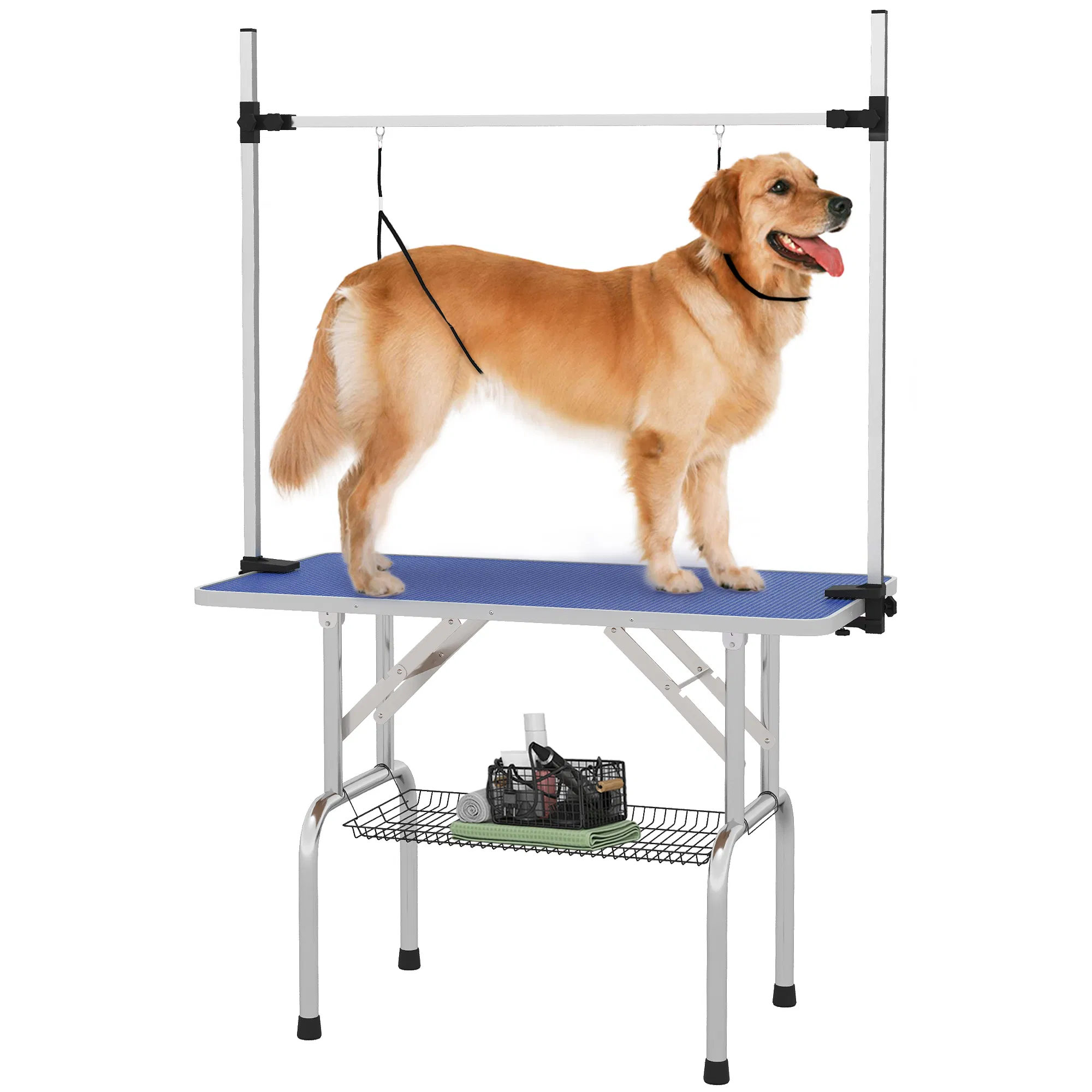 Adjustable Dog Grooming Table with 2 Safety Slings, Storage Basket, Blue — image 1
