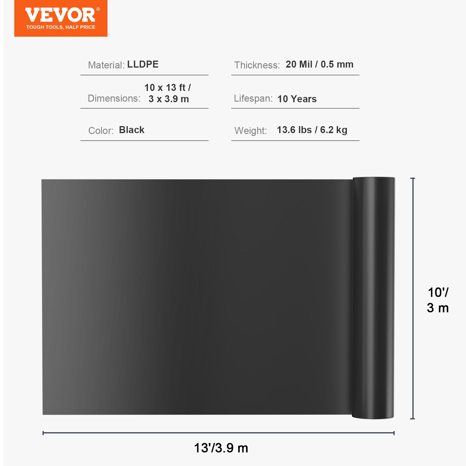 VEVOR Pond Liner, 10 X 13 Ft 20 Mil Thickness, Pliable LLDPE Material Pond Skins, Easy Cutting Underlayment For Fish Or Koi Ponds, Water Features, Waterfall Base, Fountains, Water Gardens, Black — image 2