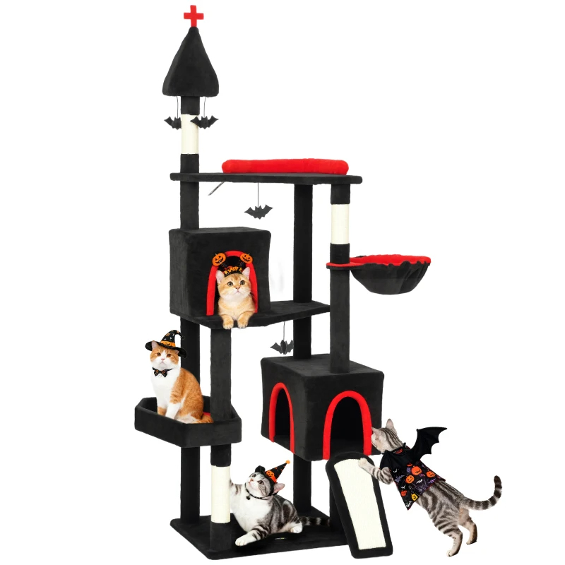 Gothic Cat Tree, Cat Tower With Coffin Bed, 2 Spacious Condos, Sisal Scratching Posts, Bat Hanging Balls, Halloween — imagen 10