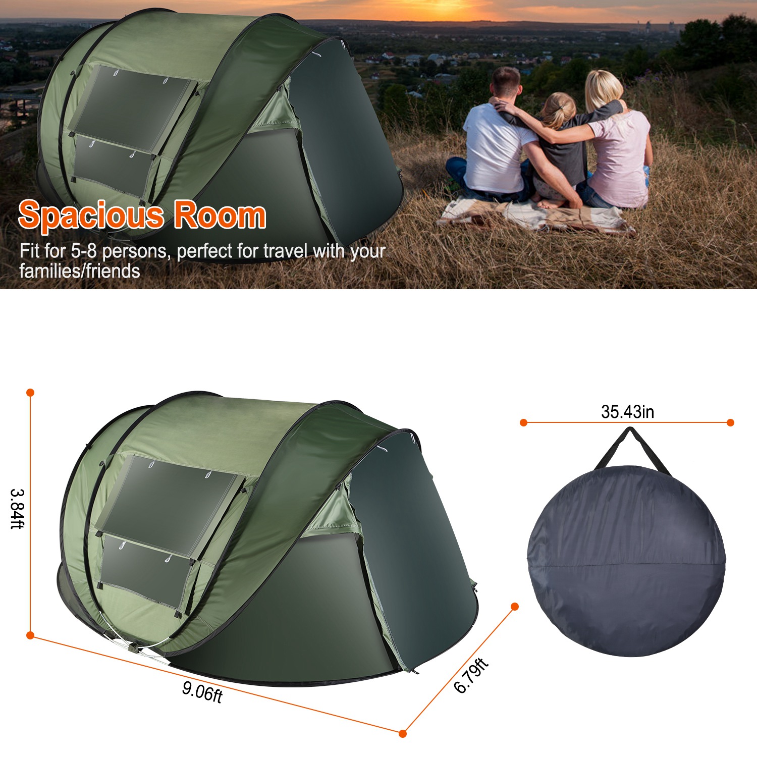 Carpa para 5-8 Personas de Armado Automático, Carpa de Camping Impermeable de Instalación Instantánea con 4 Ventanas con Mosquitero, Bolsa de Transporte, Ideal para Senderismo, Escalada, Aventura y Pesca — imagen 12