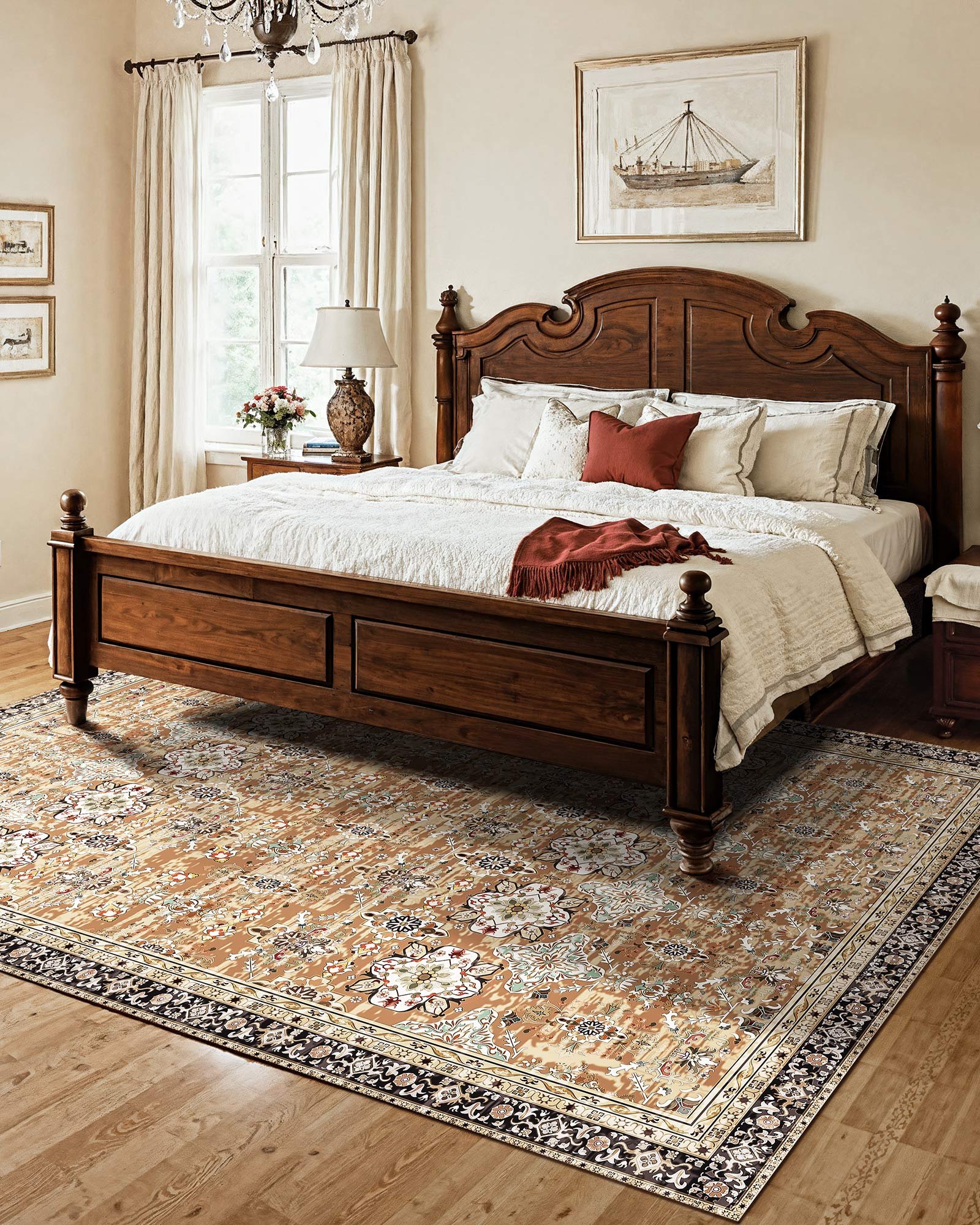Area Rug, 7.5 X 9.5 Ft Large Washable Rug, Non-Slip And Tear-Resistant Soft Carpet, Pet & Child Friendly Vintage Area Rugs, Indoor Mat For Bedroom, Living Room, Office, Entryway, Brown Green — imagen 4