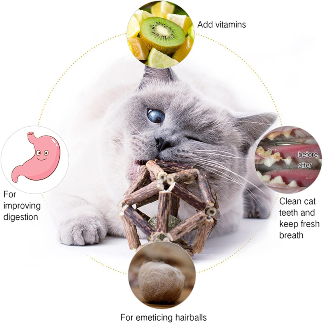 Pelota de Ciprés Plateado con Hierba del Gato Natural - Juguetes para Gatos Domésticos - Herramientas para Limpiar Dientes y Muelas — imagen 2