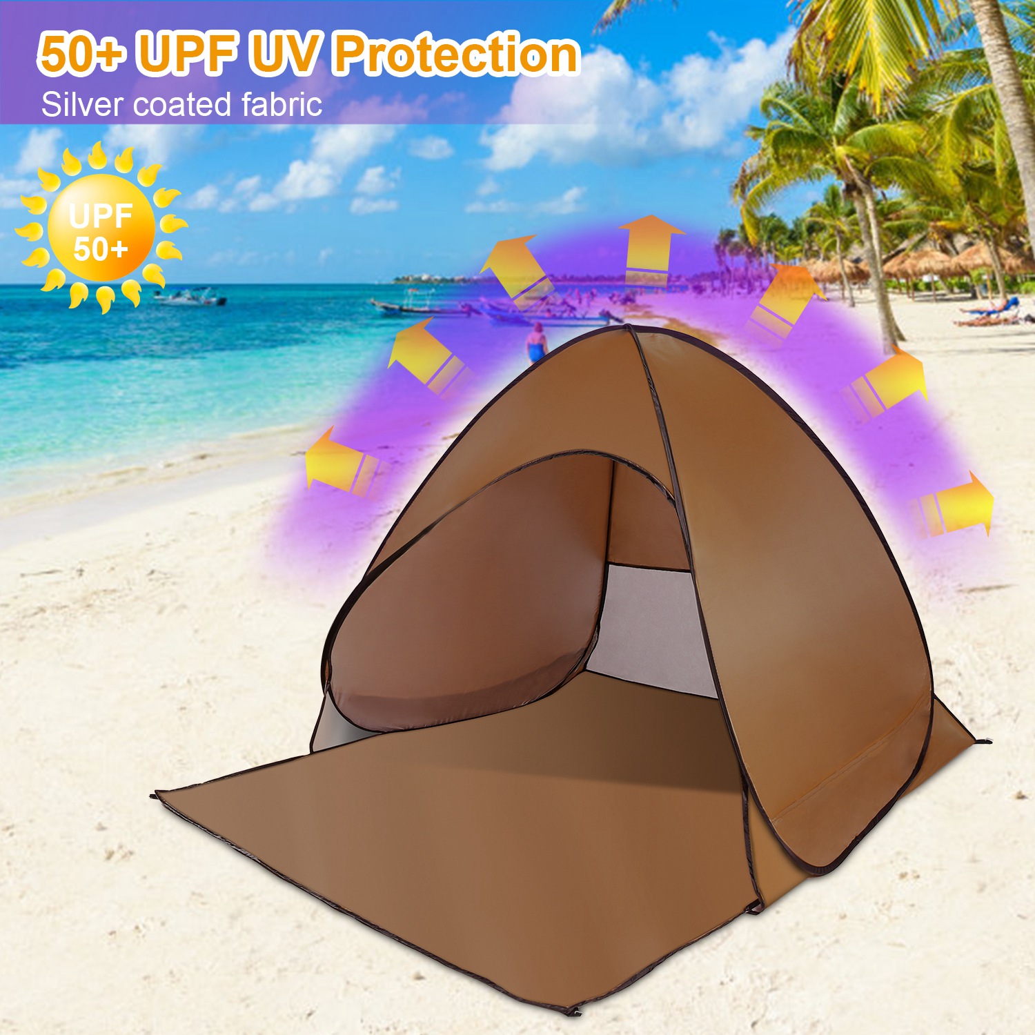 Carpa de Playa para 2-3 Personas con Ventana de Malla y Bolsa de Almacenamiento, 64.96 x 59.06 x 43.31 pulg, Anti-UV, Automática e Impermeable, para Playa, Camping, Pesca, Parque y Lago al Aire Libre — imagen 16