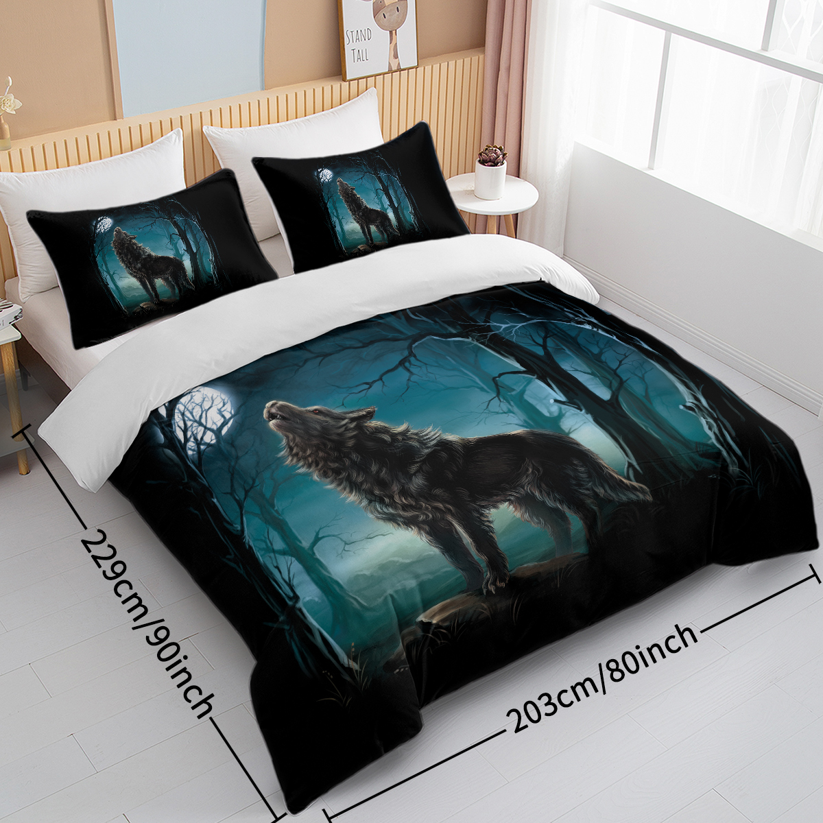 Moon Wolf Bedding Green Watercolor Forest Wolf Landscape Duvet Cover Sets 3 Pieces Wild Animal Bedding Set Twin Full Queen King Size — image 2