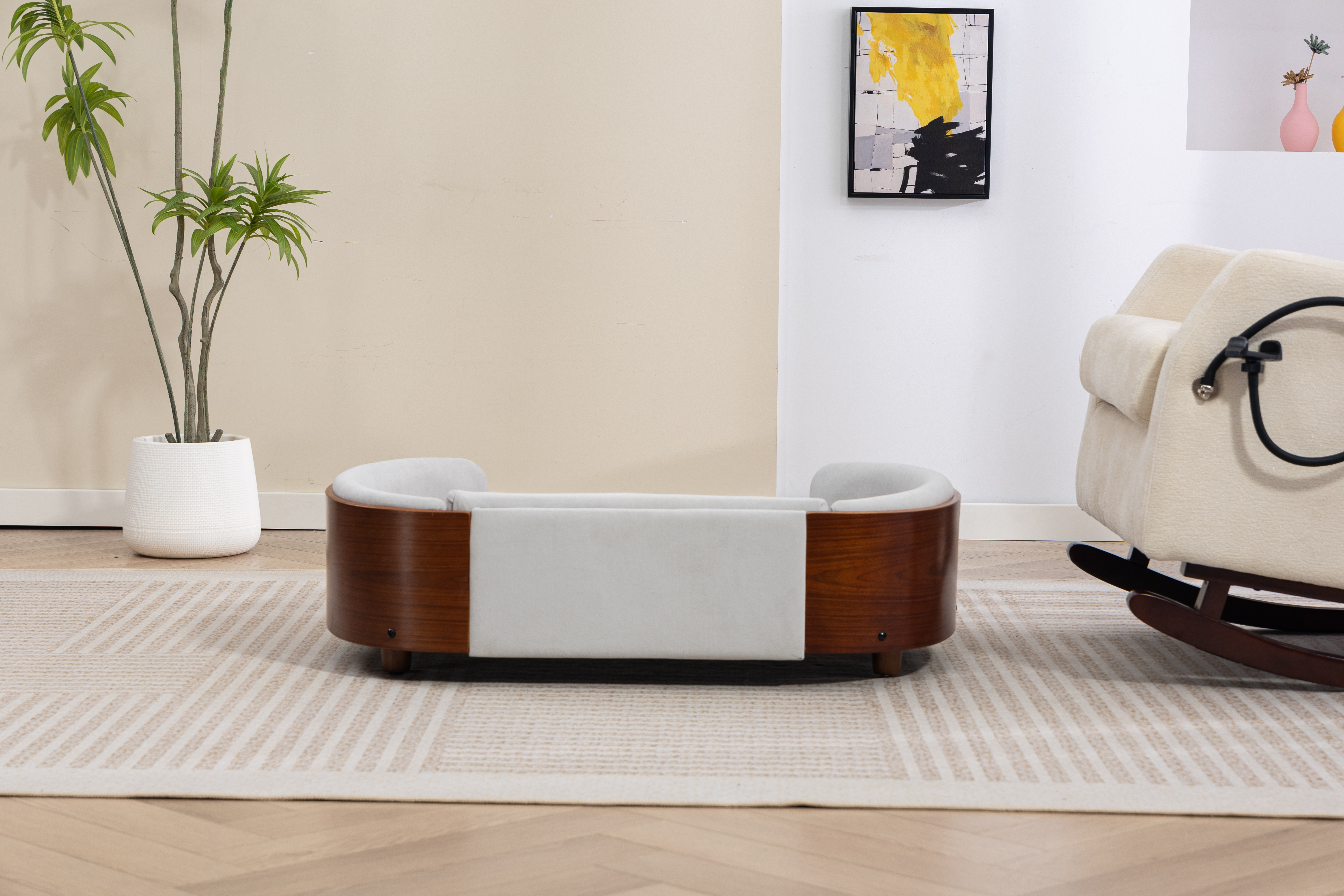 Sofá para Perros de Estilo Escandinavo con Patas de Madera Sólida y Espalda de Madera Curvada de Roble, Tela Gris Claro, Tamaño Grande — imagen 10