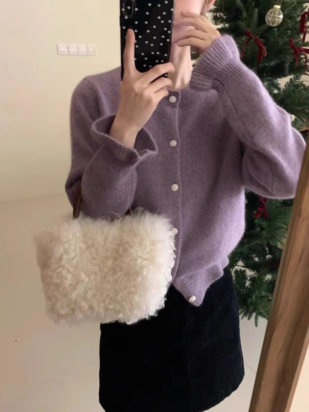 Women's Raccoon Plush Round Neck Cardigan - Purple Bud Sleeve Lightweight Knit Sweater Top — image 8