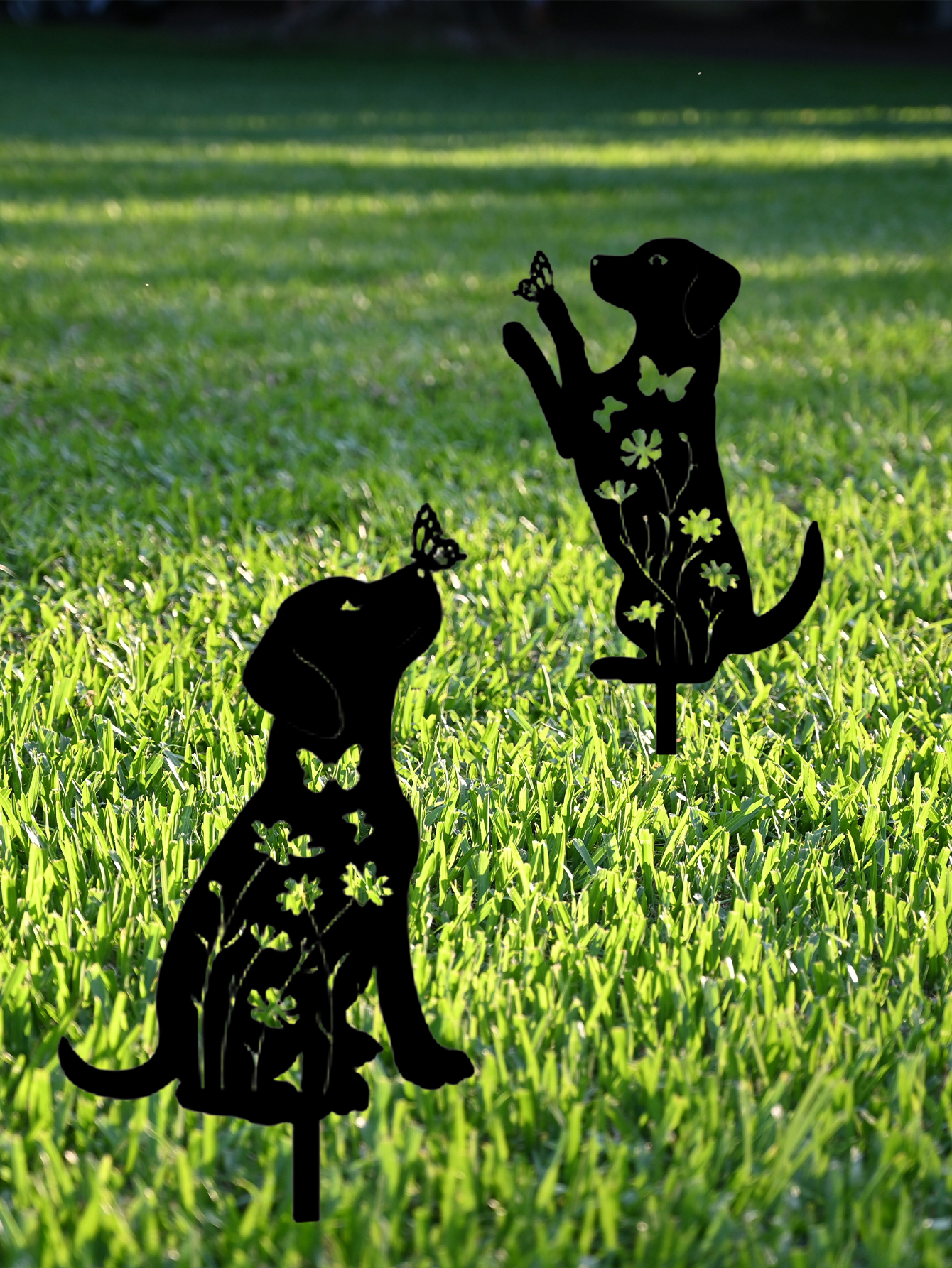 2 decoraciones de jardín de perro metálicas, adorables estacas con silueta de cachorro, decorativas para exteriores — imagen 2