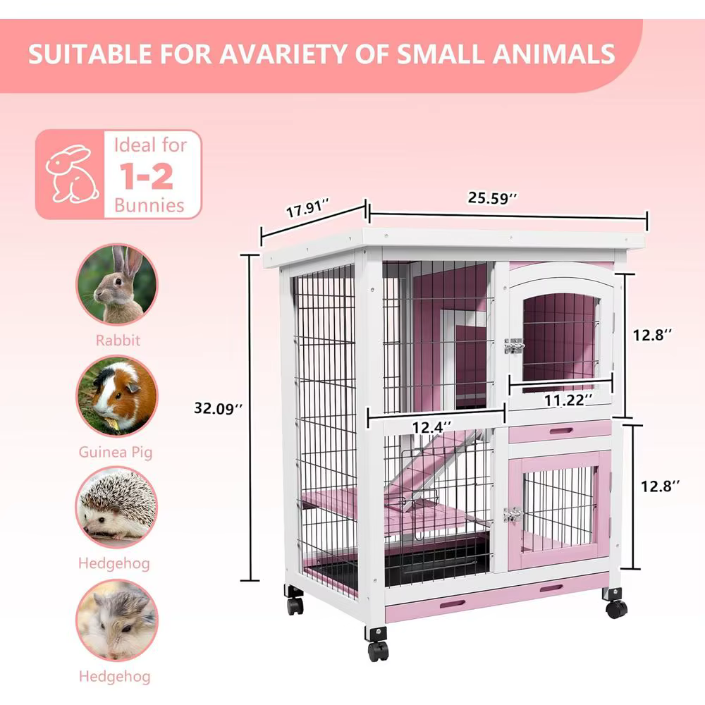 Conejera Exterior de 2 Pisos, Jaulas de Madera Para Cobayas Con Ruedas | o Para 2-4 Gallinas, Jaula Corral Para Aves de Corral Con Bandeja Antideslizante y Removible — imagen 2