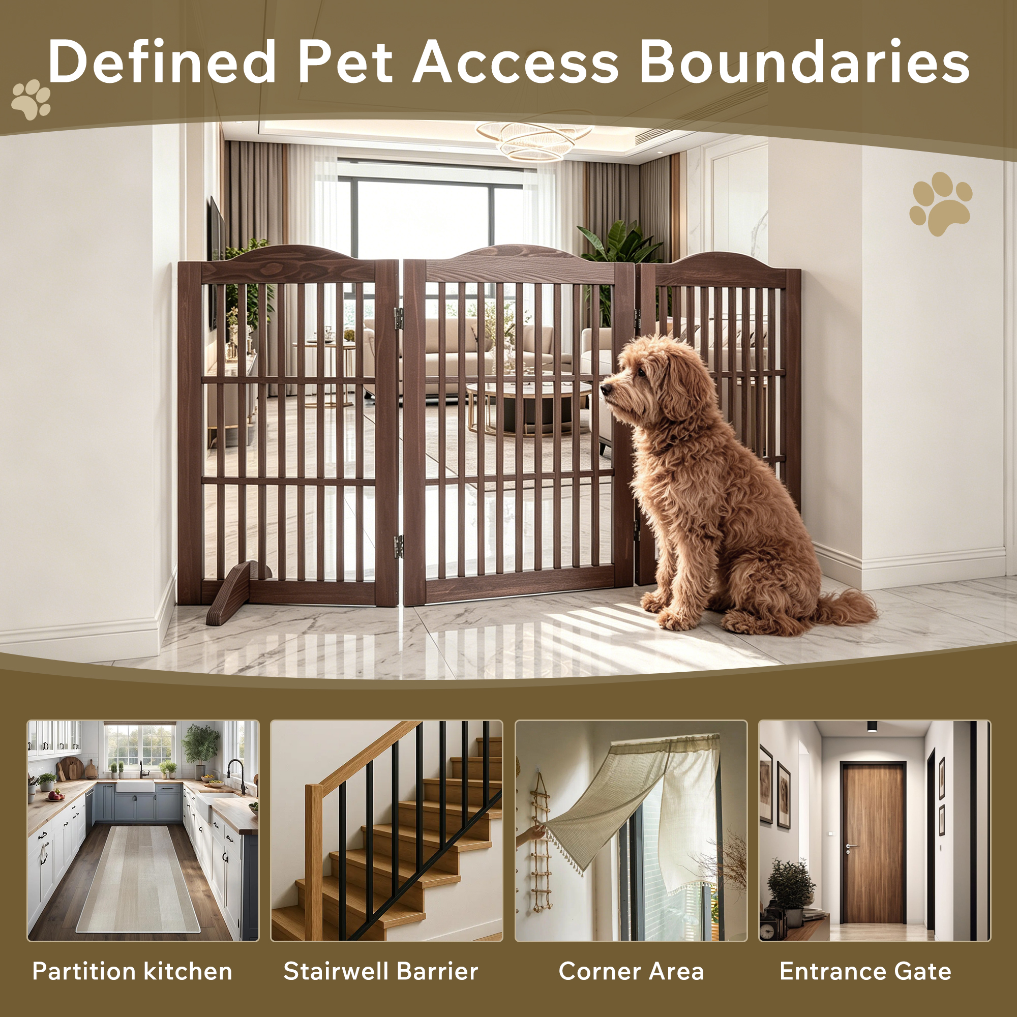 Wooden Freestanding Foldable Pet Gate for Dogs, 30 inch 3 Panels Step Over Fence, Dog Gate for The House, Doorway — image 3