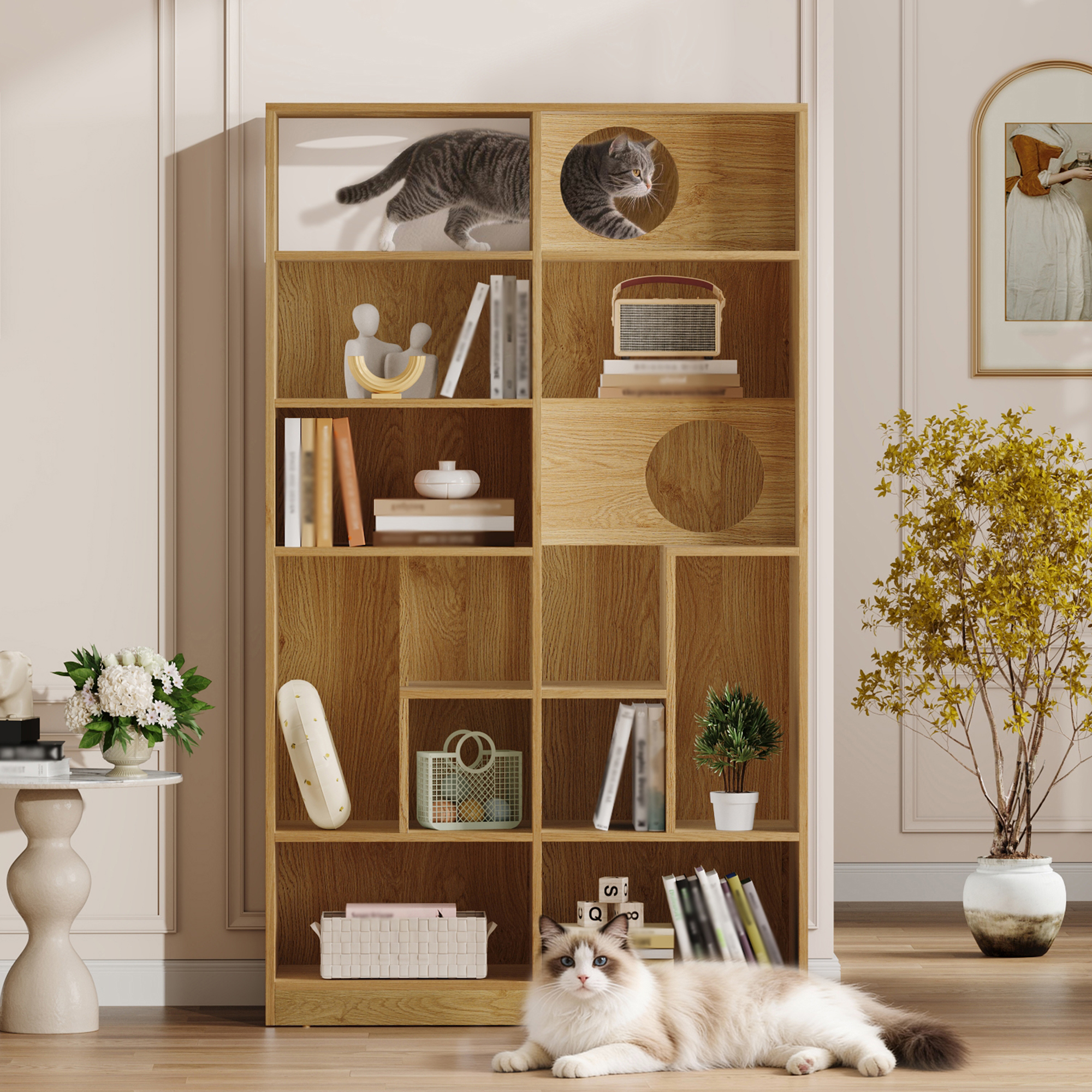 Gabinete de Libros Moderno 2 EN 1 para Gatos, Árbol de Juego con Almacenamiento y Caja de Arena - NATURAL — imagen 2