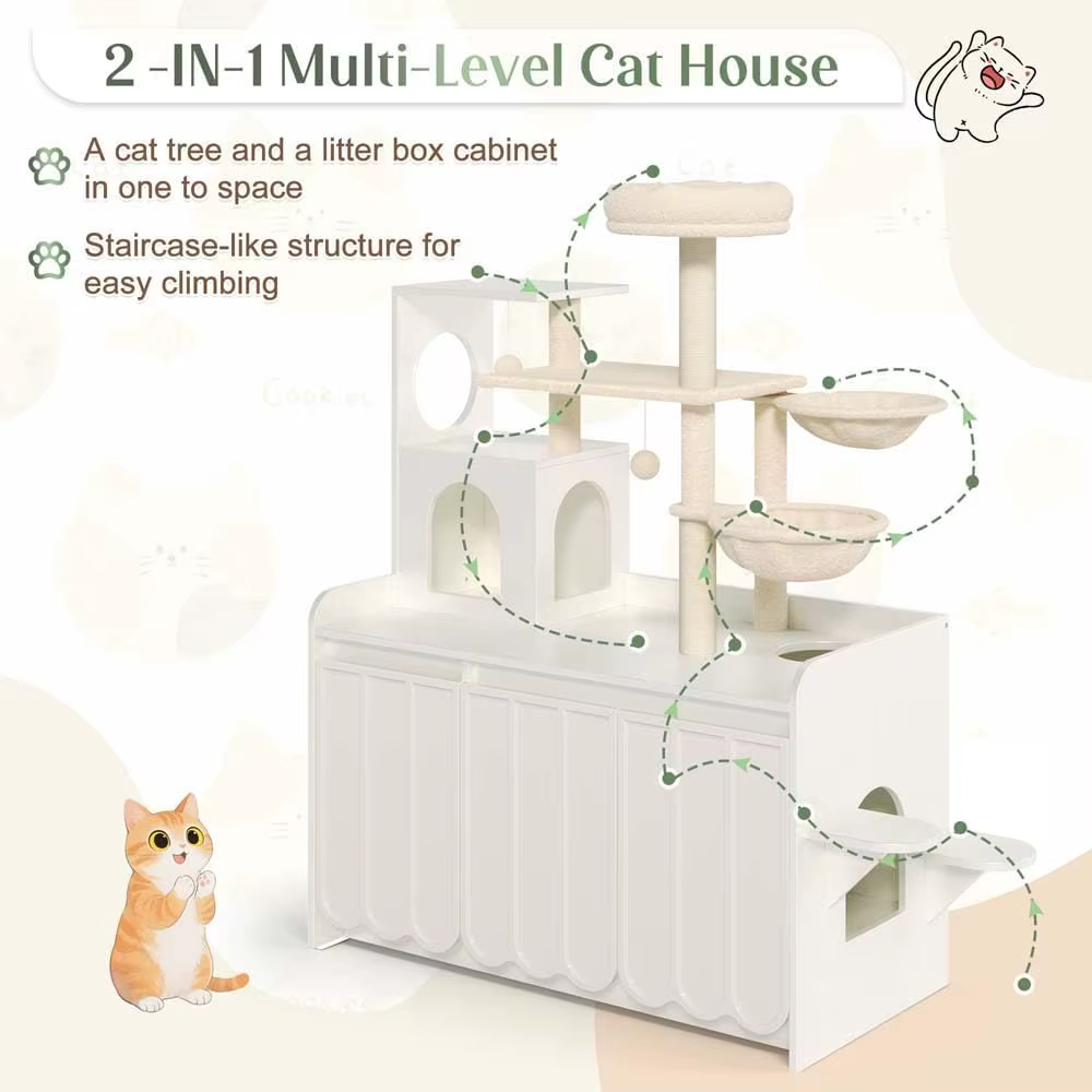 50.6" Cat Tree with Litter Box Enclosure, Cat Tower with Sisal Scratching Post and Storage Space, Modern Cat Condo with House, H — image 5