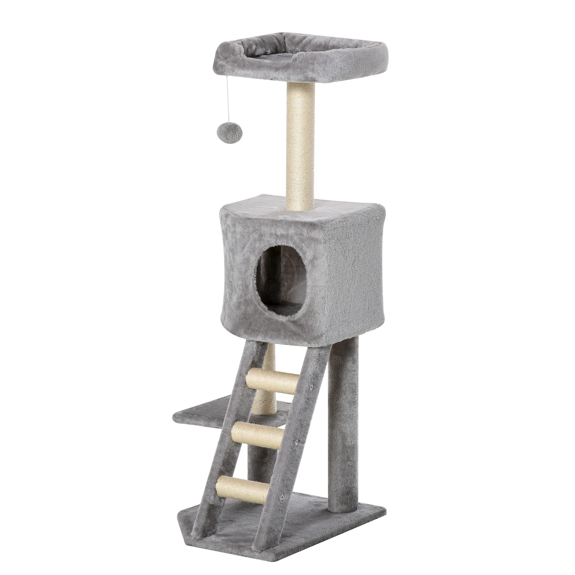 47" Tall Cat Tree Tower with Condo, Ladder, Scratching Posts and Hanging Ball, Light Grey — image 1