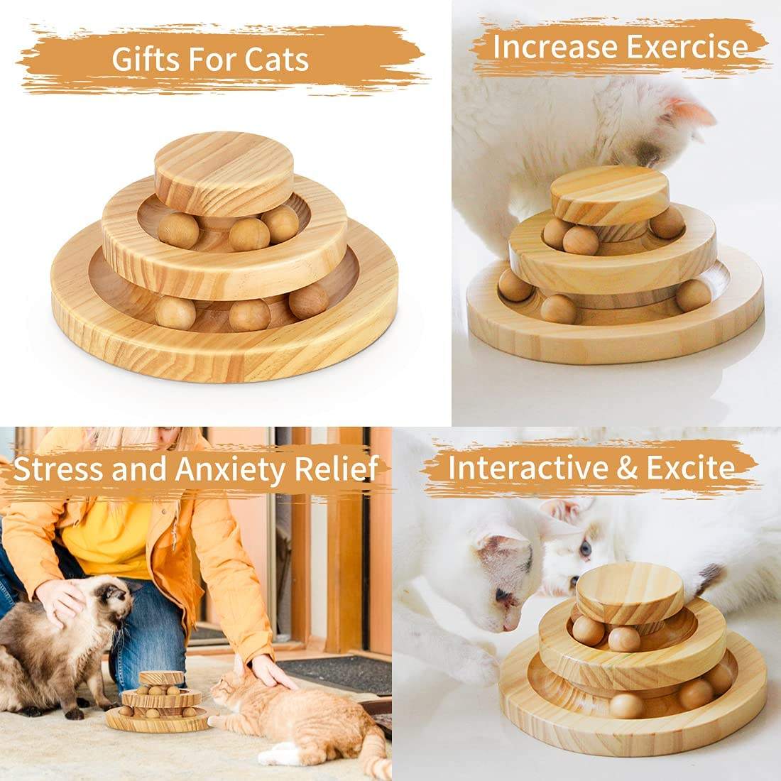 Solid Wood Cat Toy Wooden Turntable Rolling Ball Double Layer Tease Cat Bite Resistant Toy — image 2