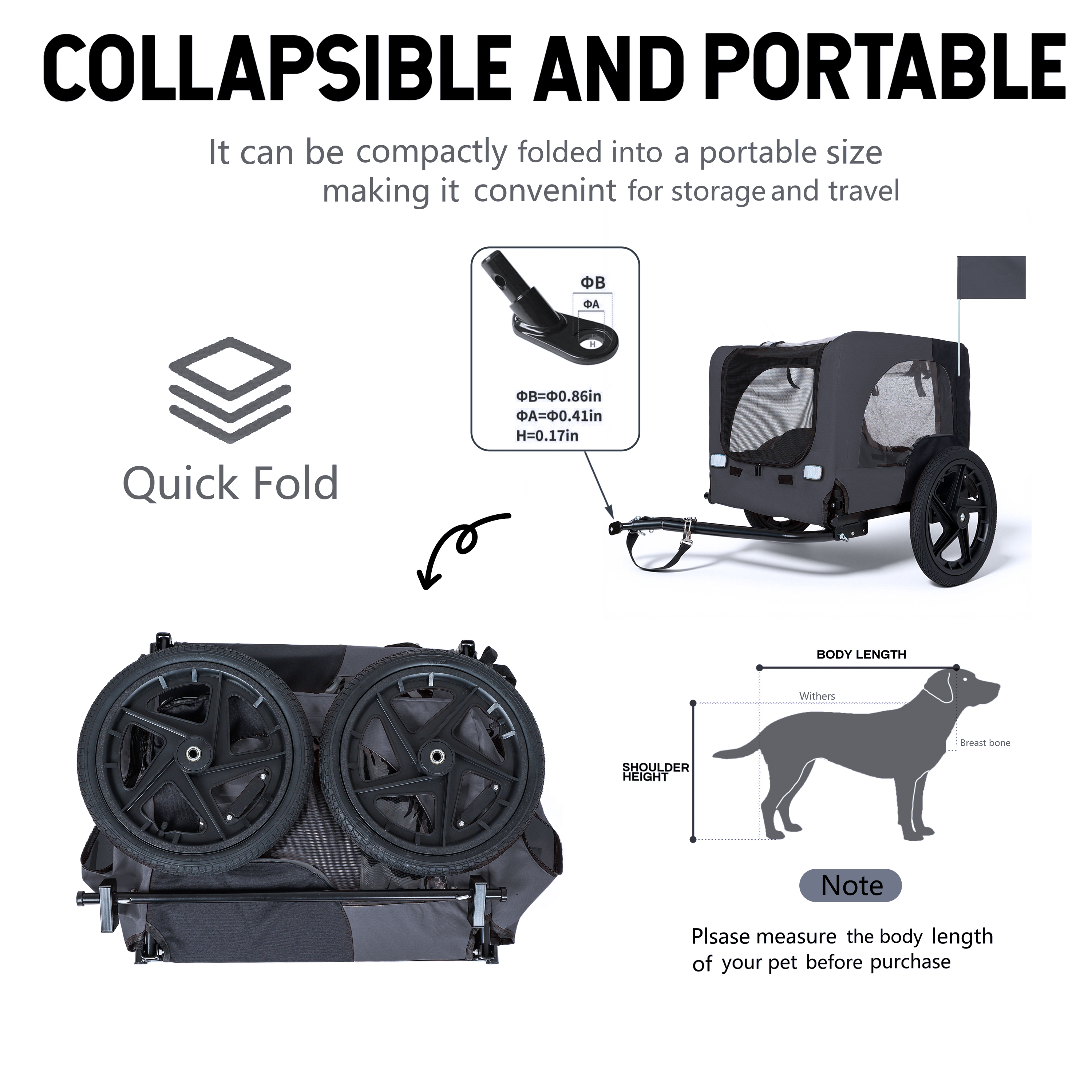 Outdoor Heavy Duty Collapsible Pet Bike Trailer With 16-Inch All-Terrain Wheels & Universal Hitch - Foldable Dog Cargo Carrier Cart For Bicycles, Black Dark Gray — image 5