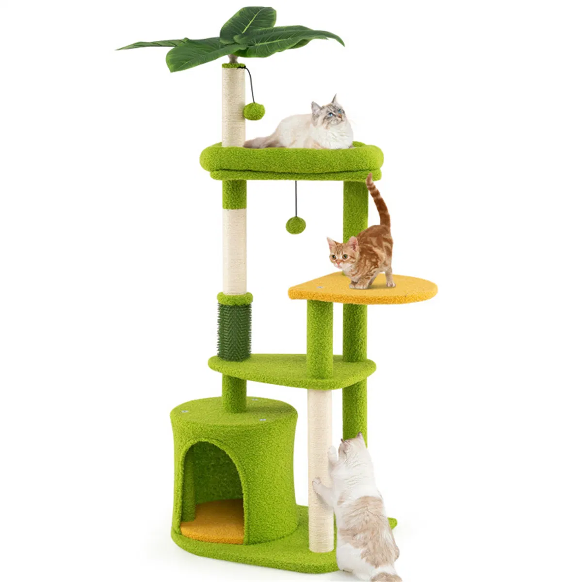 48" Cat Tree with Tropical Leaves - Self-Groomer & Scratching Posts, Space-Saving (Green+Orange) — image 8