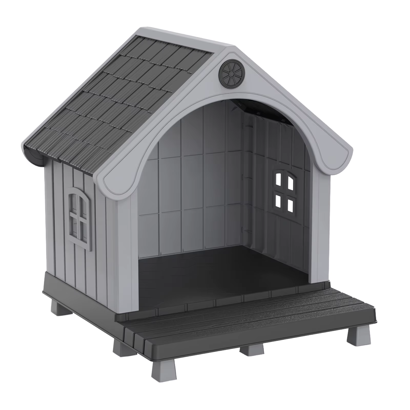 Elevated Resin Dog House with Sloped Roof, Weatherproof Outdoor Pet Shelter for Small Medium Dogs, All Season Backyard Dog Bed — image 2