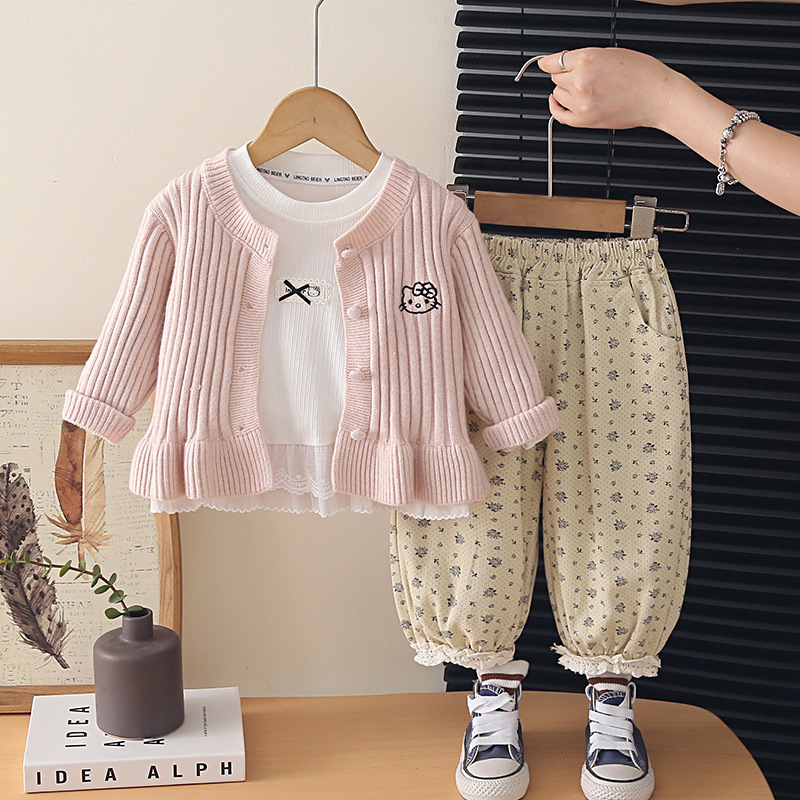 Girls 3 Piece Knit Sweater Set, Embroidered Cat Vertical Striped Cardigan Pants Outfit for 0-4 Years Old — image 5
