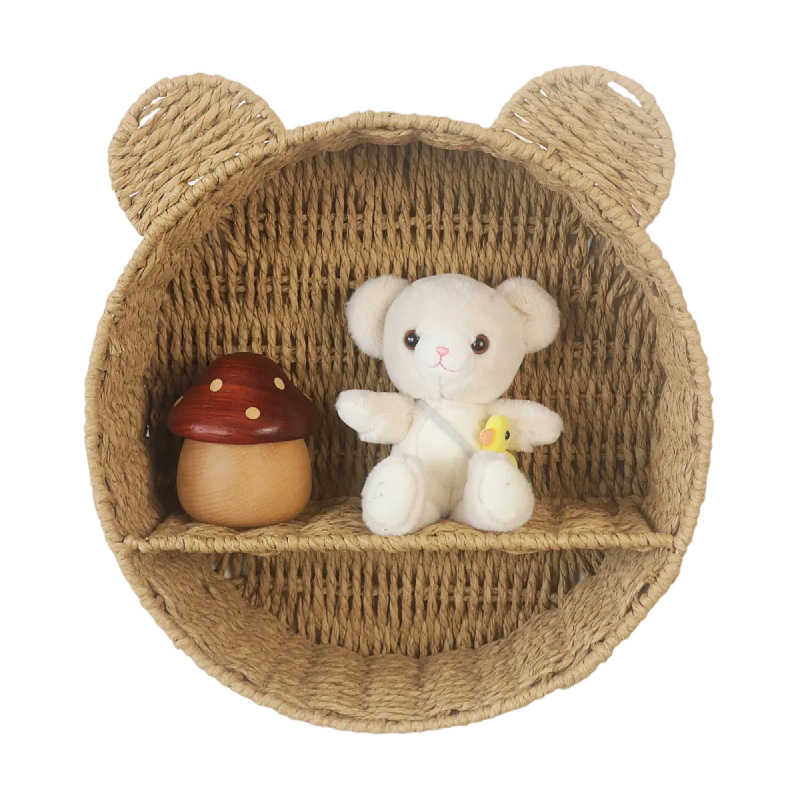 Cat Ear Eco-Friendly Paper Rope Woven Storage Rack Round Organizer Basket Wall-Mounted Cosmetic and Decorative Display Shelf — image 5