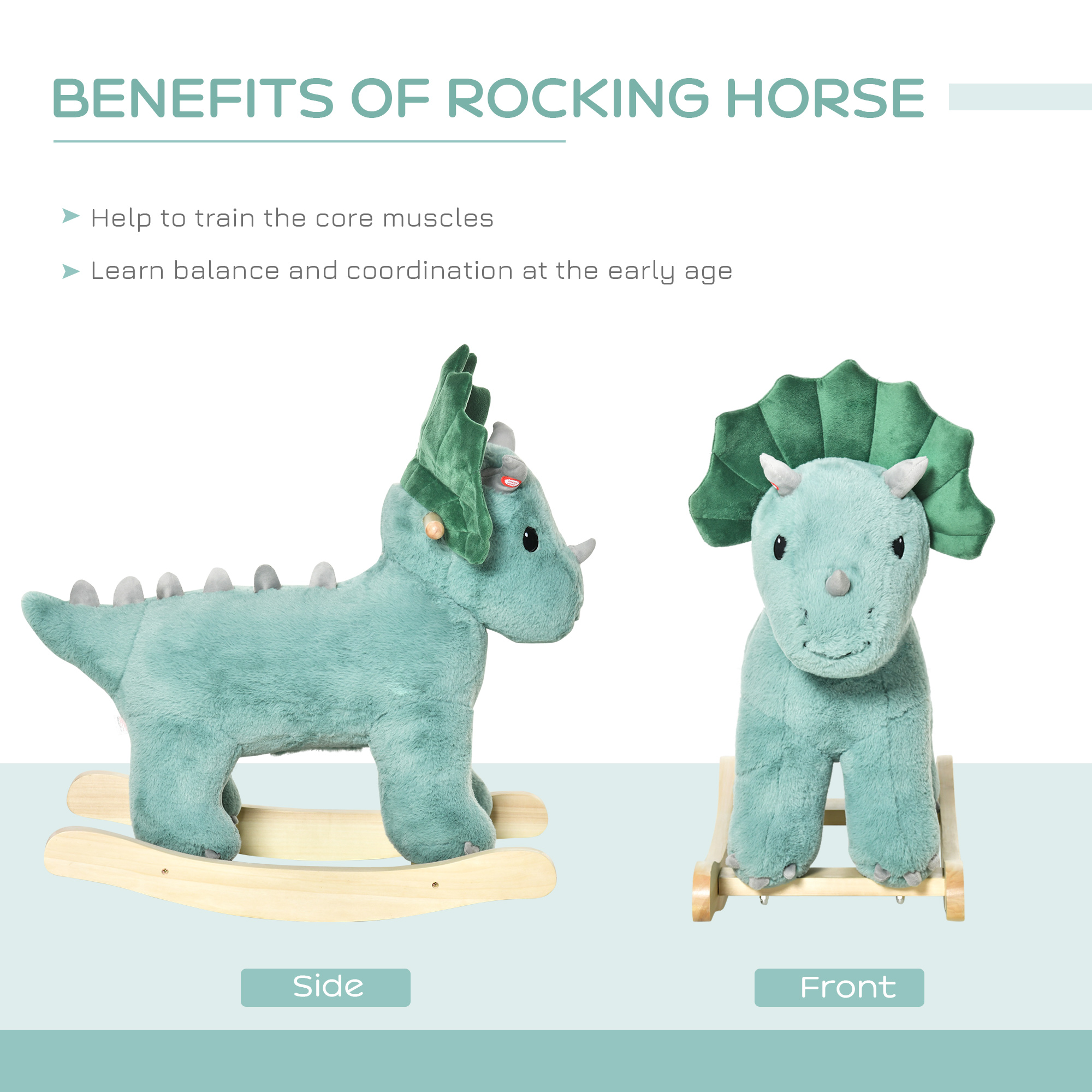 Kids Plush Ride-On Rocking Horse Triceratops-shaped Plush Toy Rocker with Realistic Sounds for Child 36-72 Months Green — imagen 3