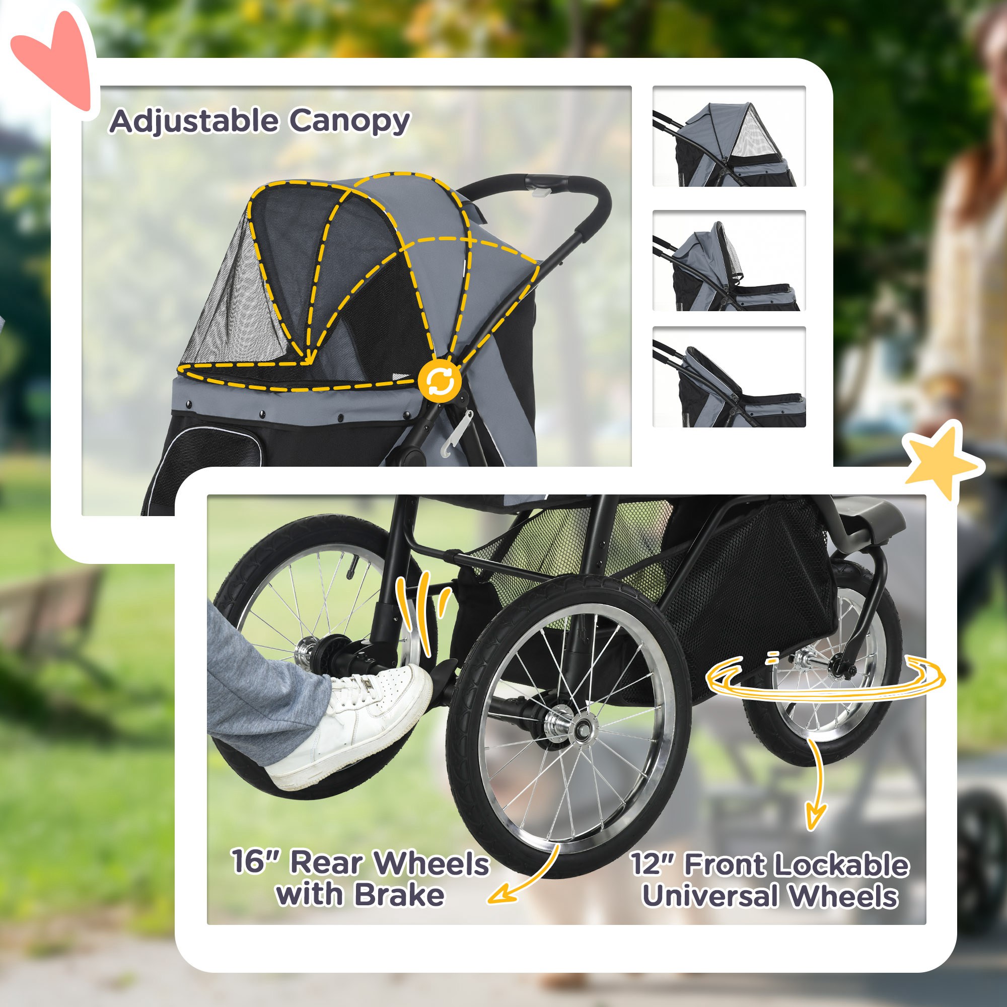 3 Wheels Pet Stroller for Small Dogs and Medium Dogs with Adjustable Canopy, Safety Tether, Storage Basket, Gray — imagen 2