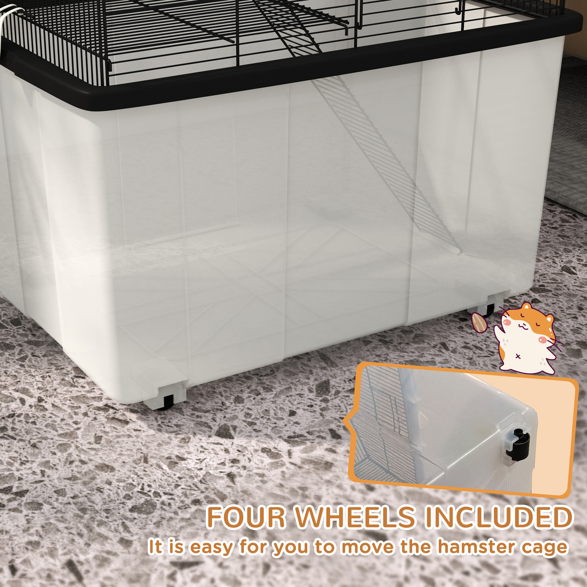 22" 2-Tier Hamster Cage with Extra-Deep 14" Base, Small Animal Cage with Ramp, Water Bottle, Food Dish, Wheels, Black — image 2