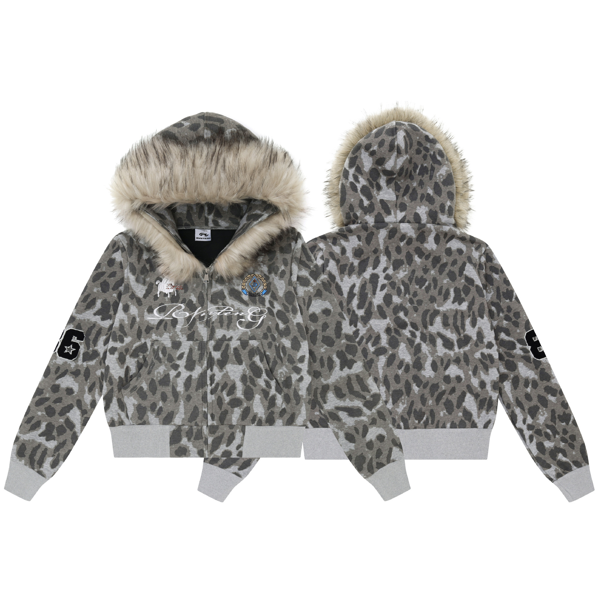 Leopard Print Zip-Up Jacket Short Hooded Coat with Detachable Fur Collar — image 5